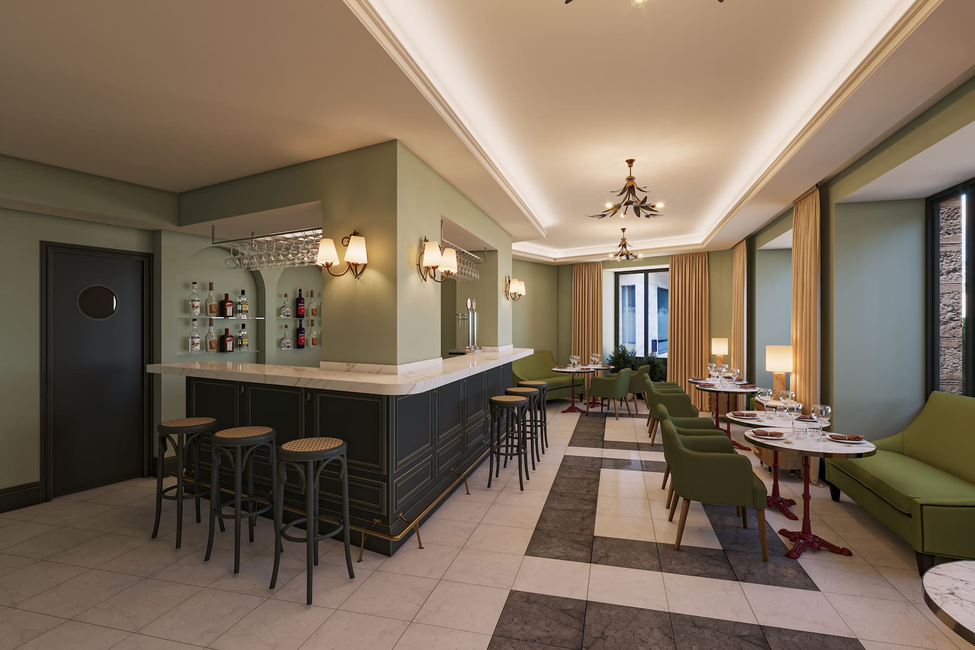 Elegant bar and restaurant interior with green walls and checkered floor.