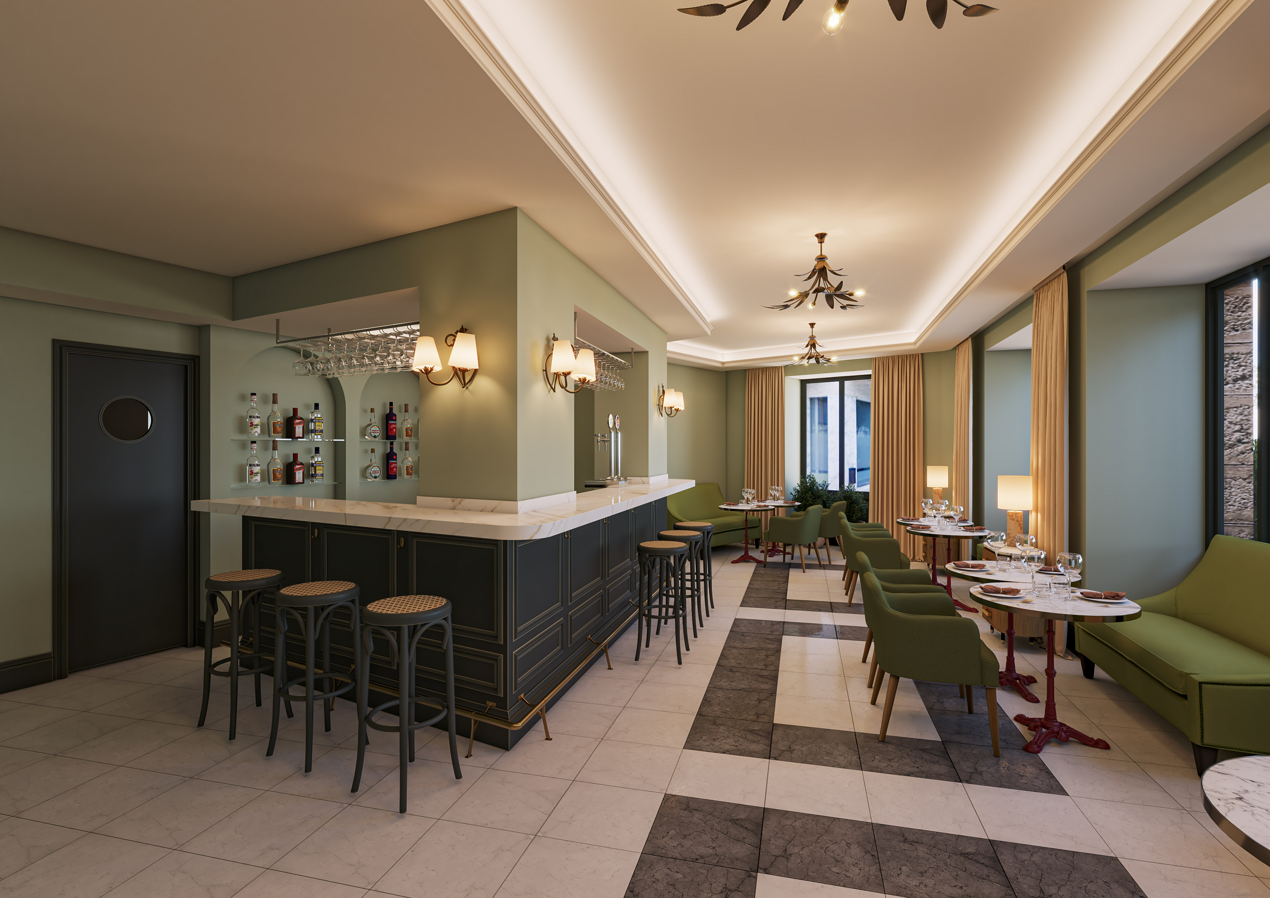 Elegant bar and dining area with green walls, black bar, and checkerboard floor.