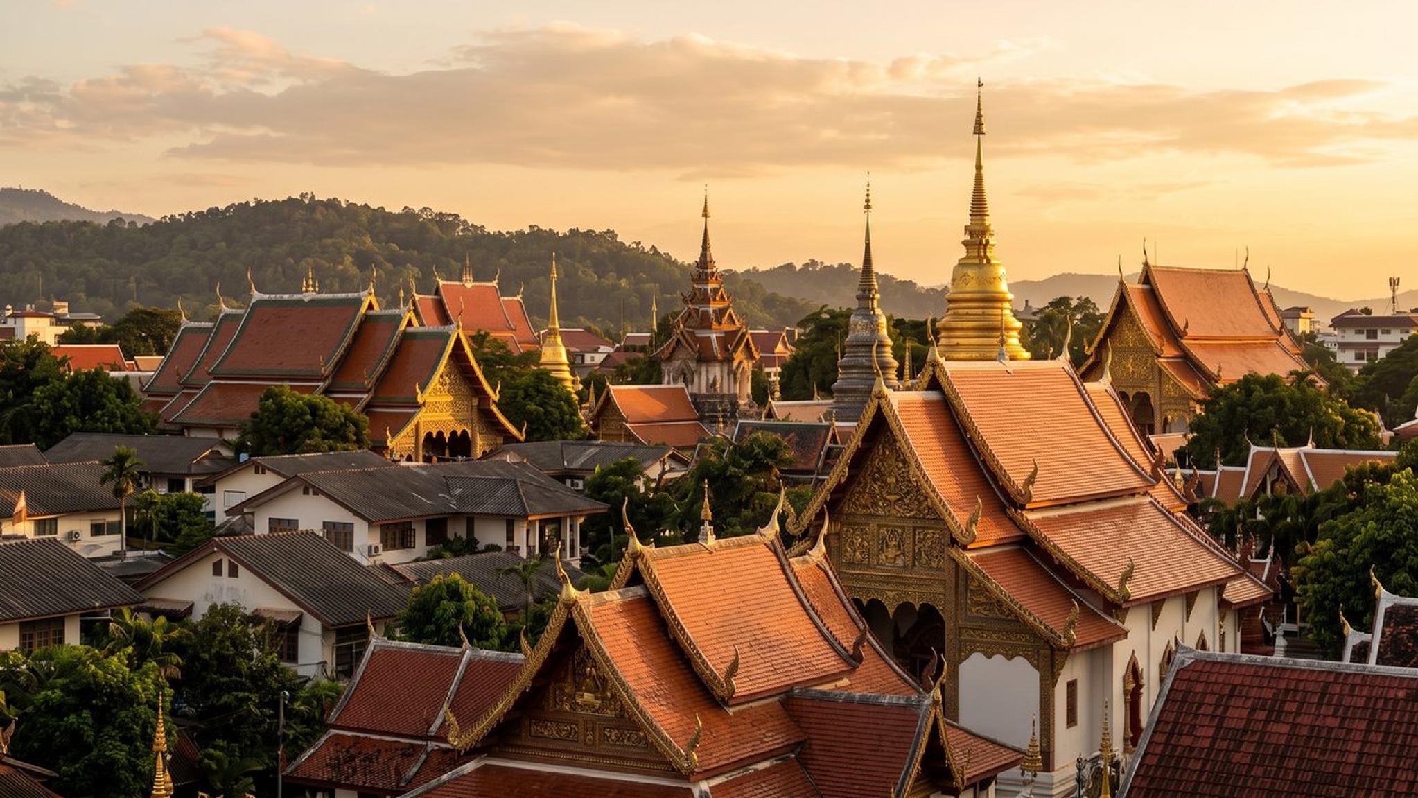Golden spires and red-tiled roofs of Thai temples at sunset.