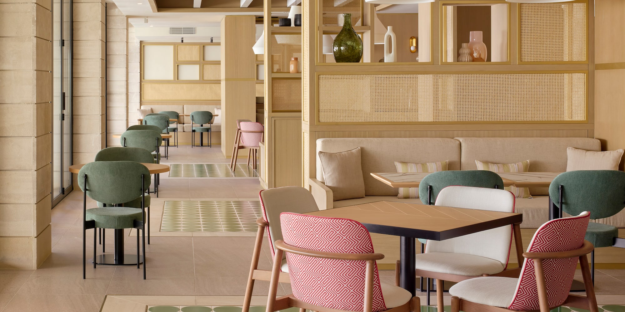 a room with tables and chairs