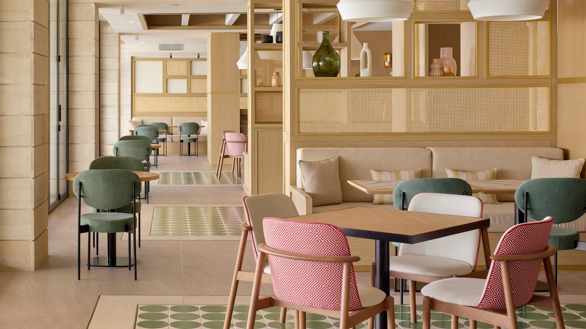 a room with tables and chairs