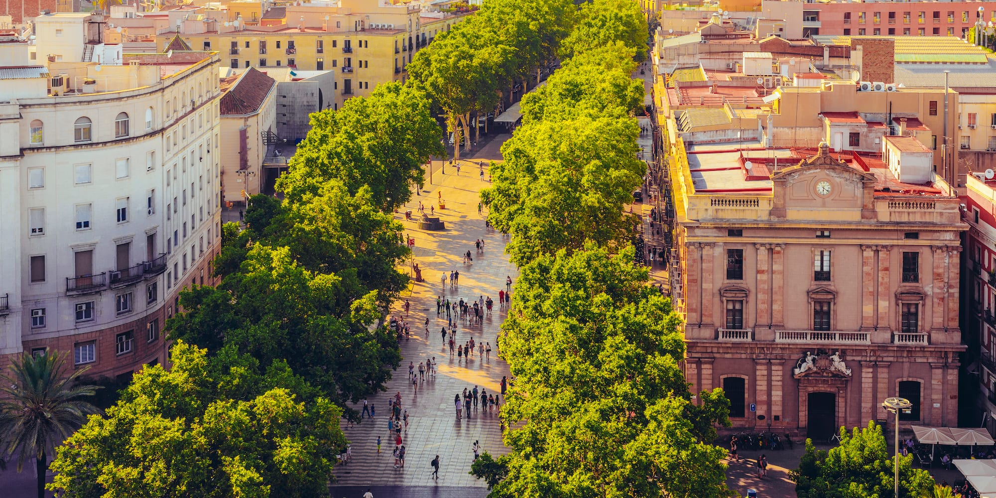 Aerial view of Las Ramblas, Barcelona, with people walking along the tree-lined boulevard.
