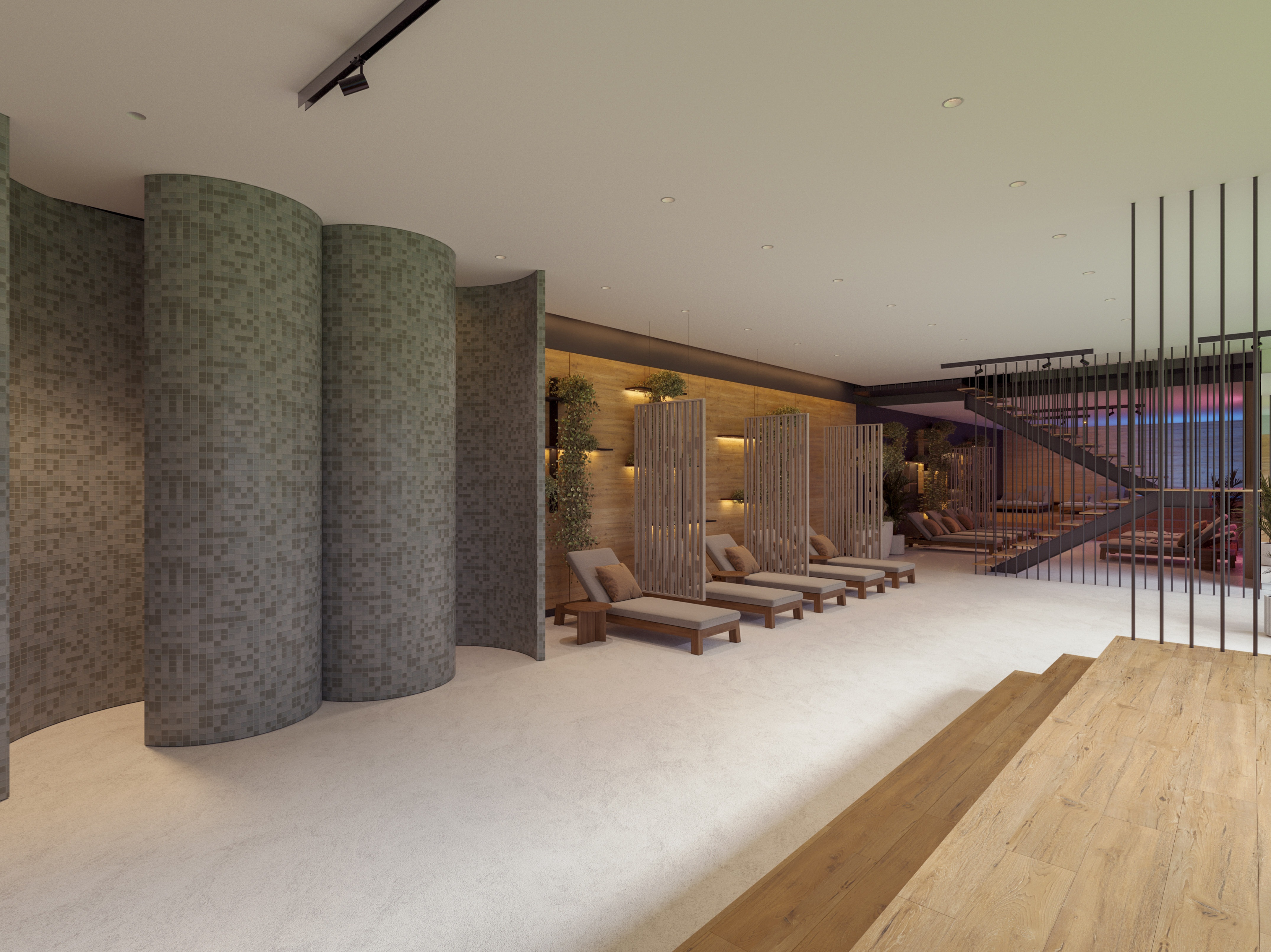 a room with a staircase and chairs
