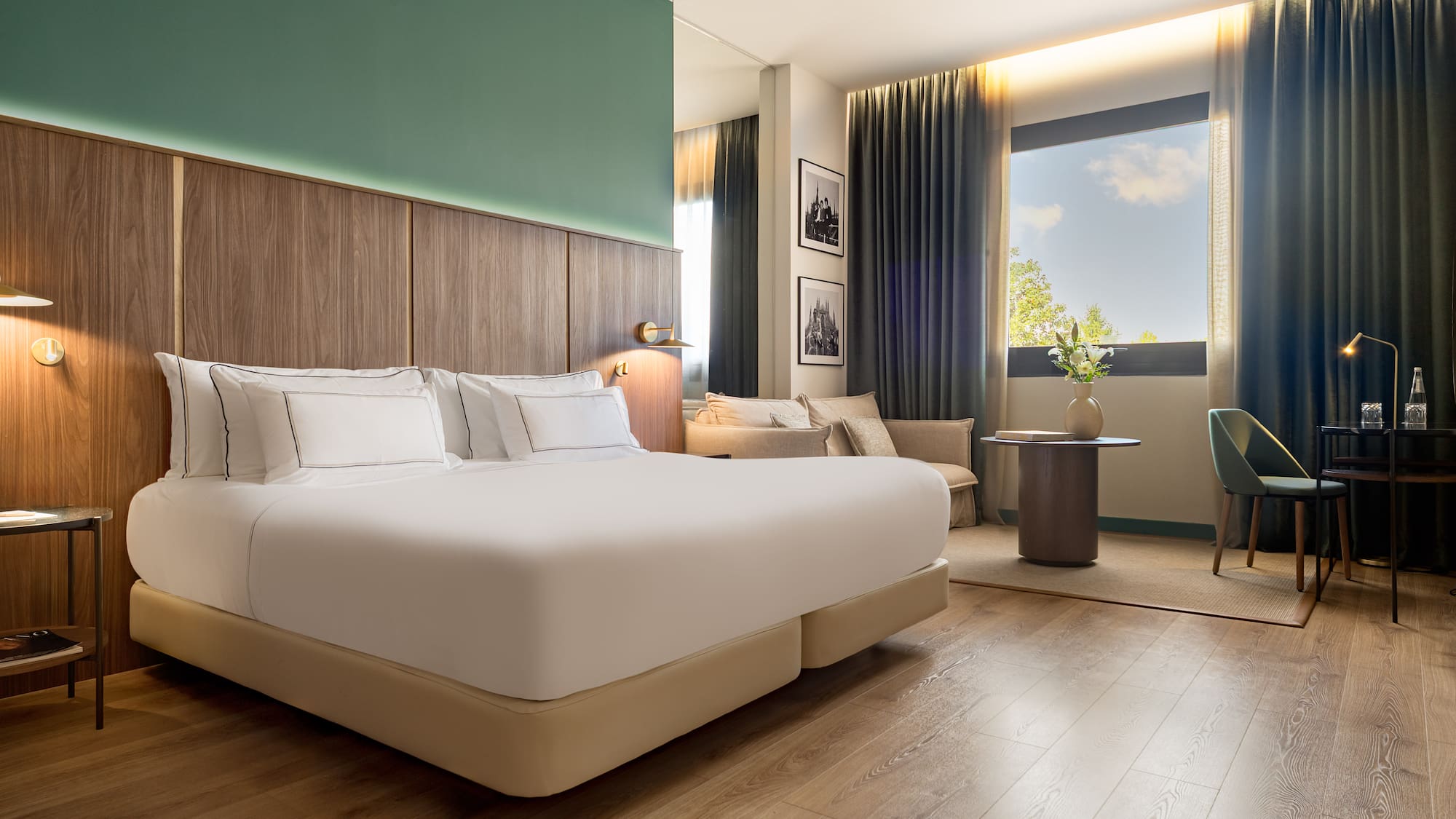 a room with a bed and a table