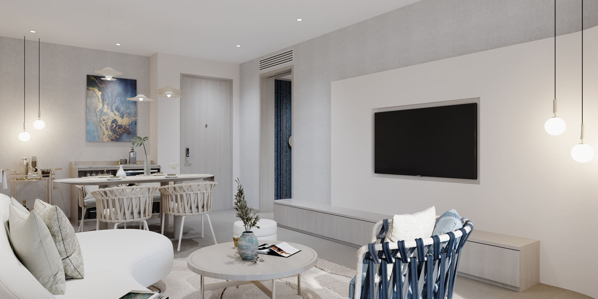 a living room with a tv and a table