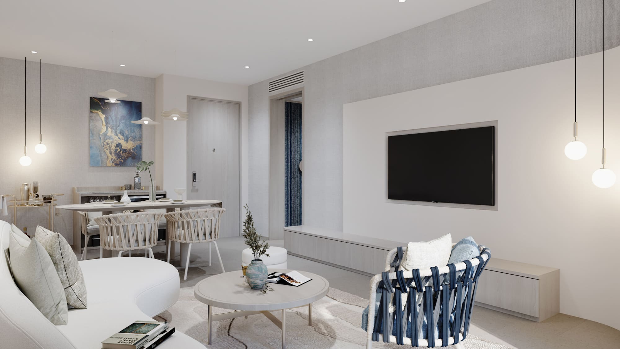 a living room with a tv and a table