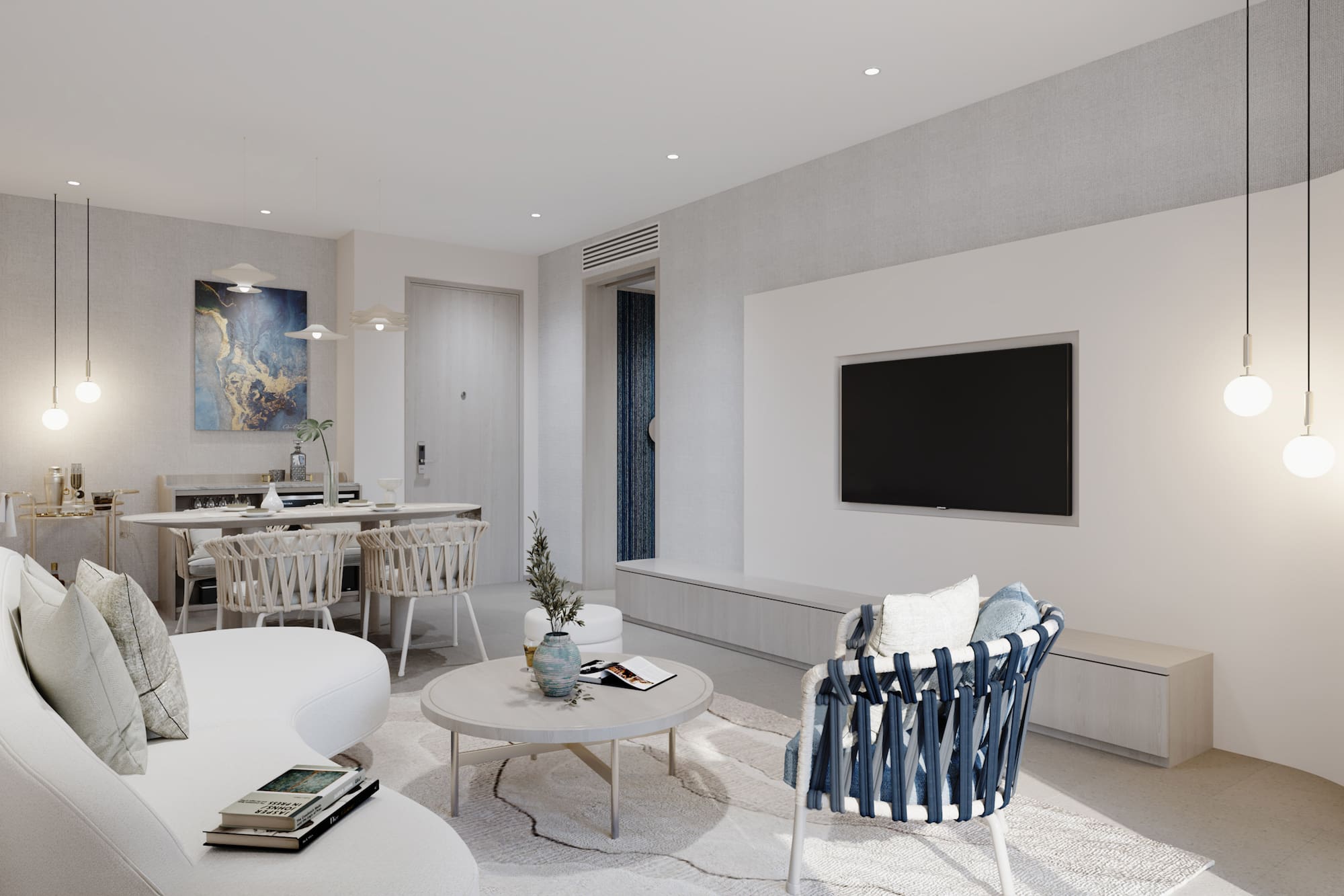 a living room with a tv and a table