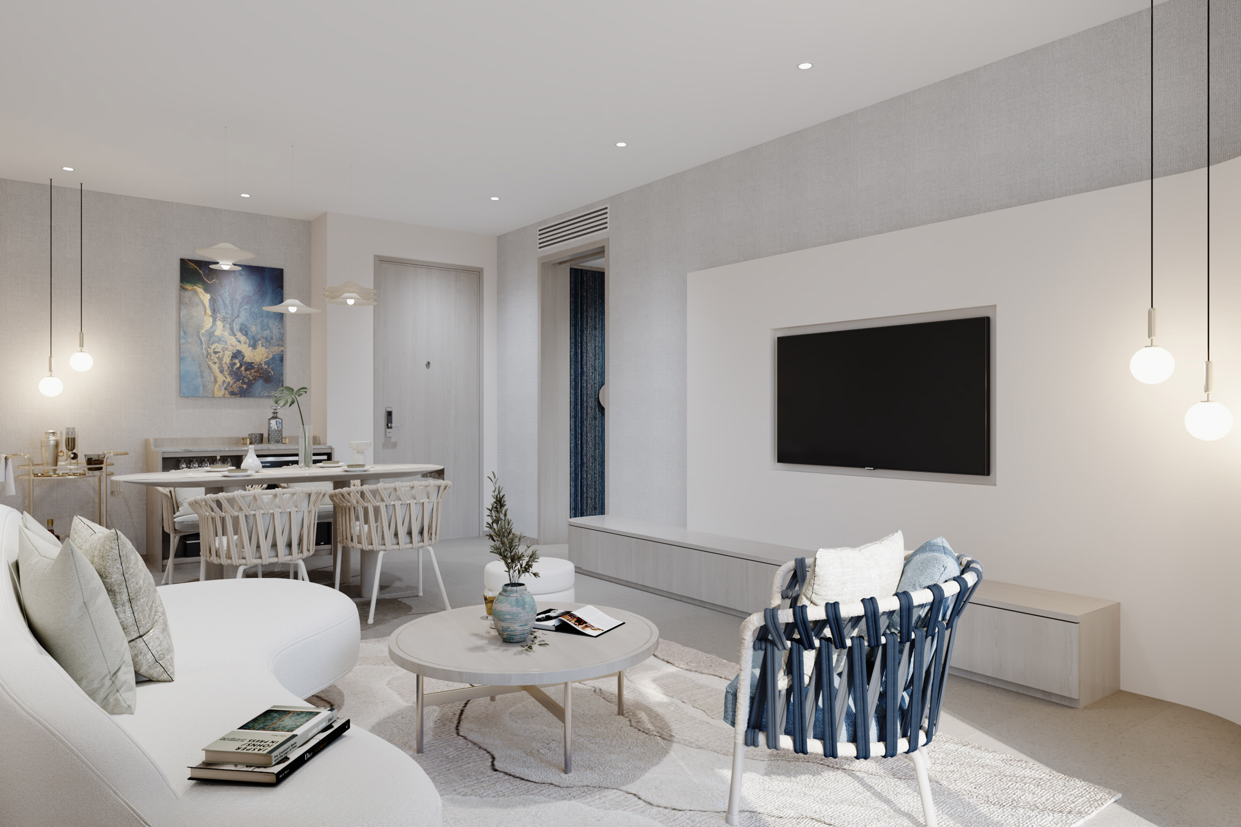 a living room with a tv and a table