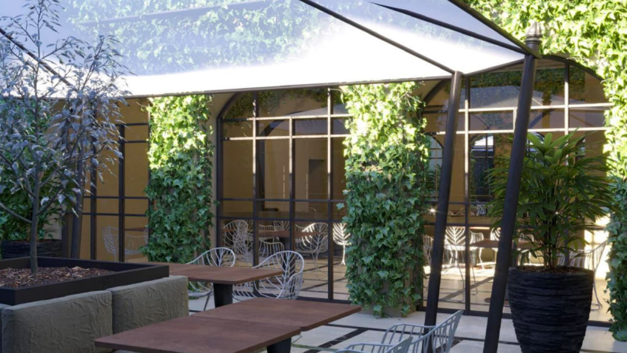 a patio with tables and chairs