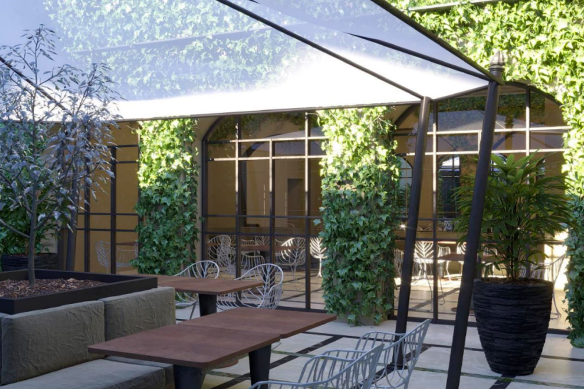 a patio with tables and chairs