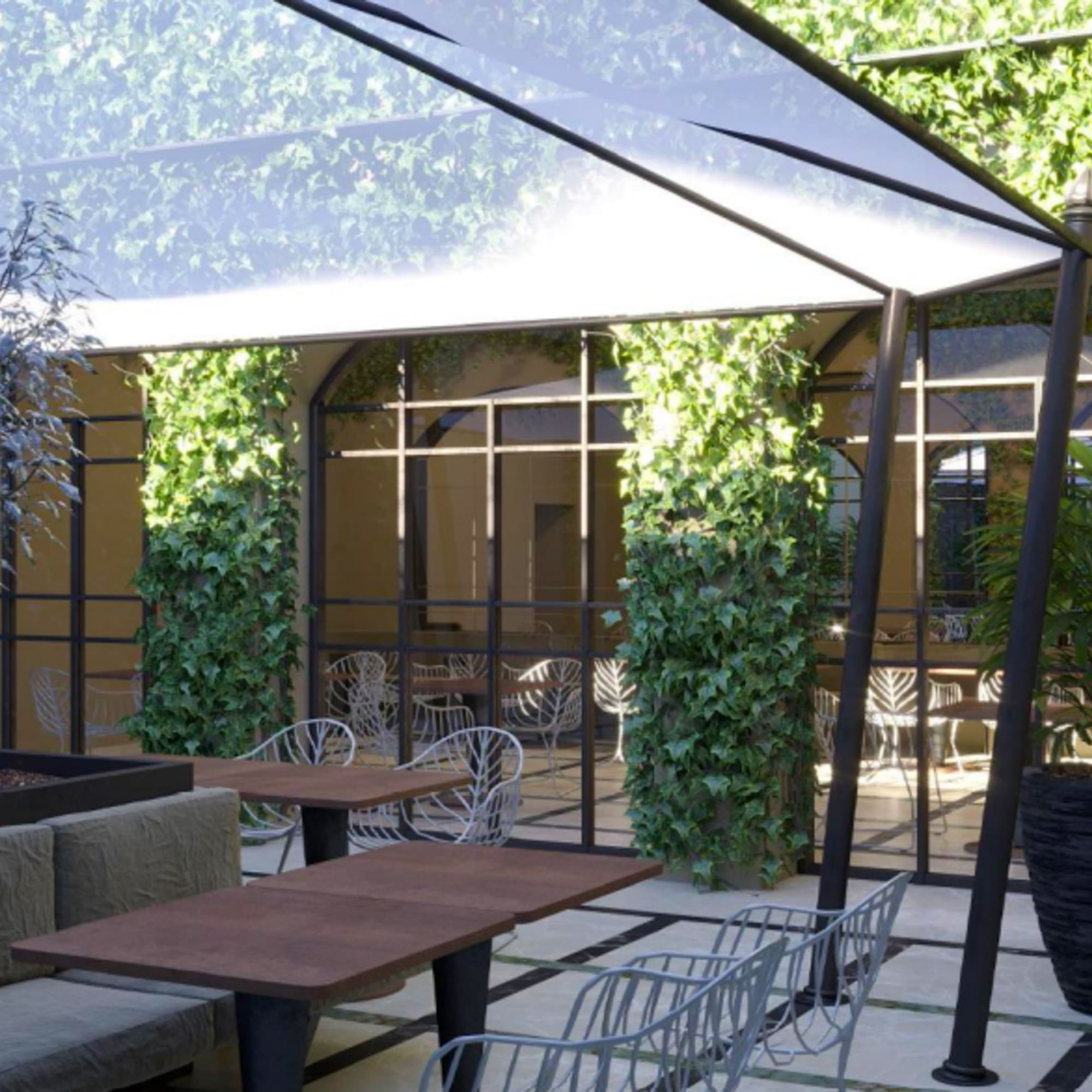 a patio with tables and chairs