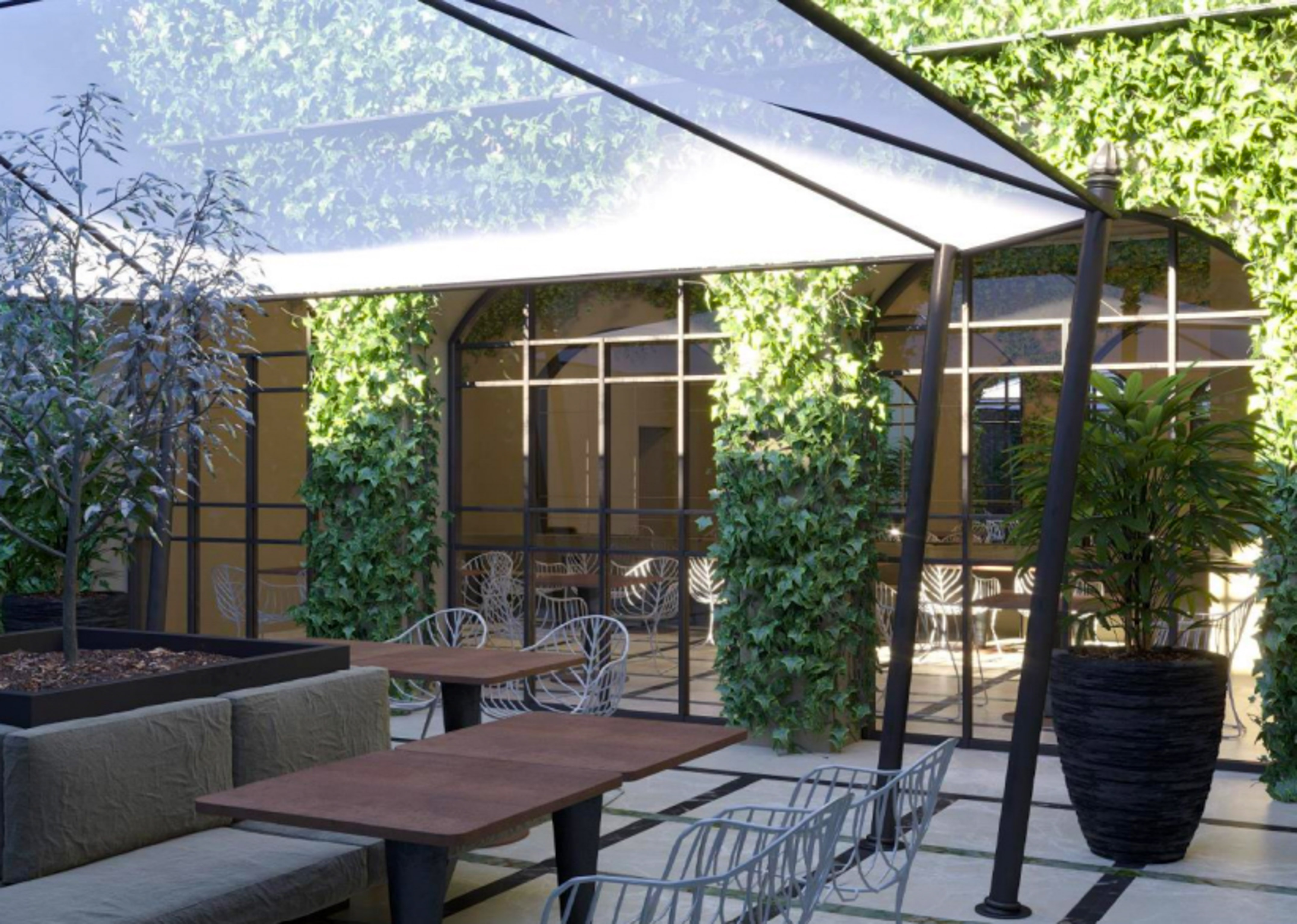 a patio with tables and chairs