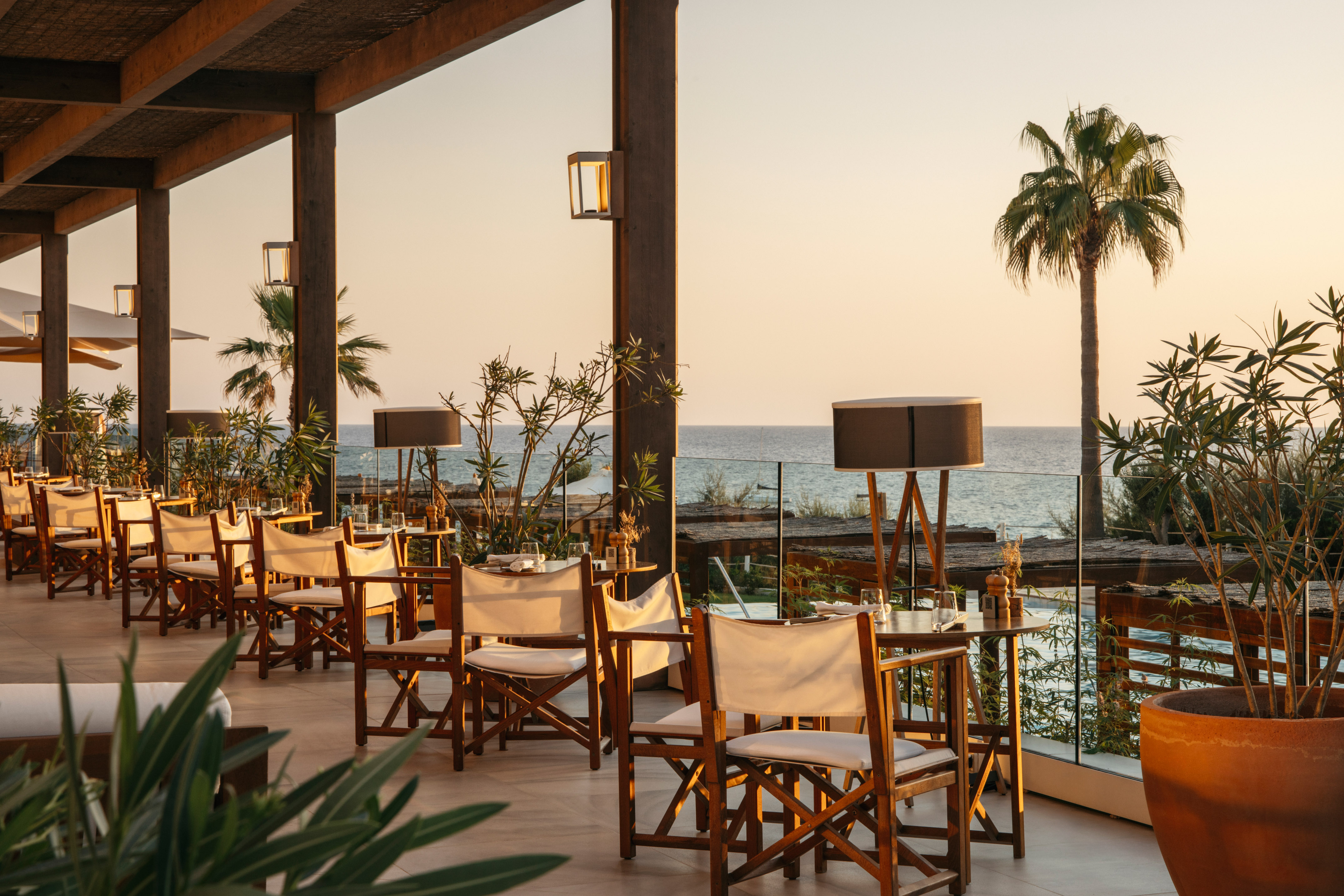 Coastal restaurant patio with sea view, palm tree, sunset glow.