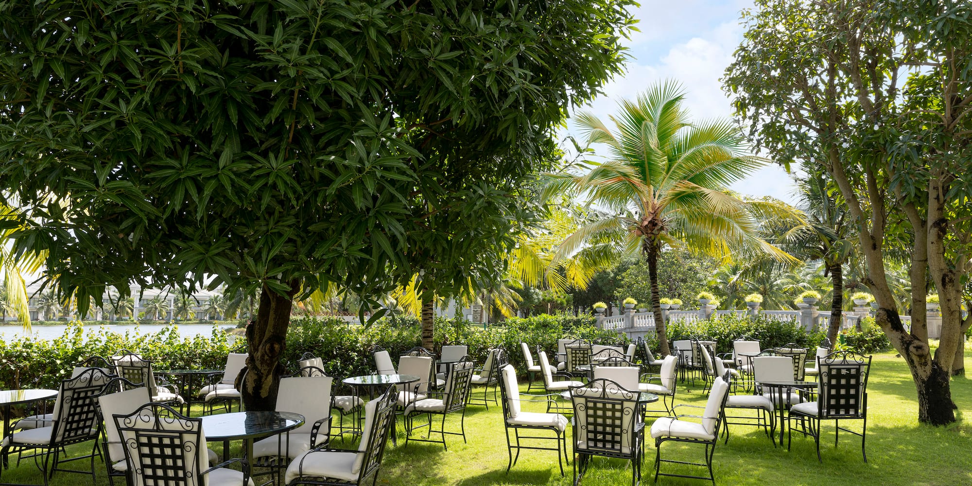 a group of chairs and tables in a park