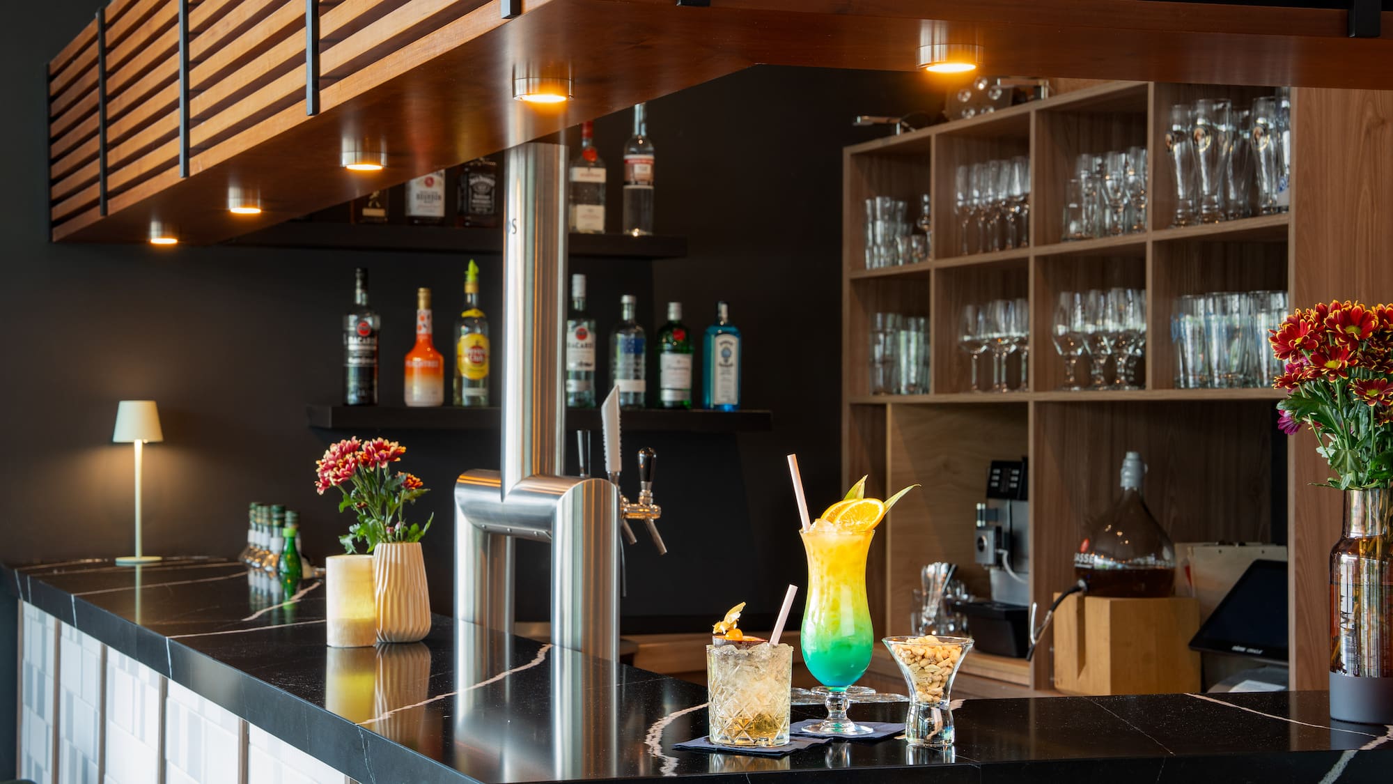 a bar with drinks on it