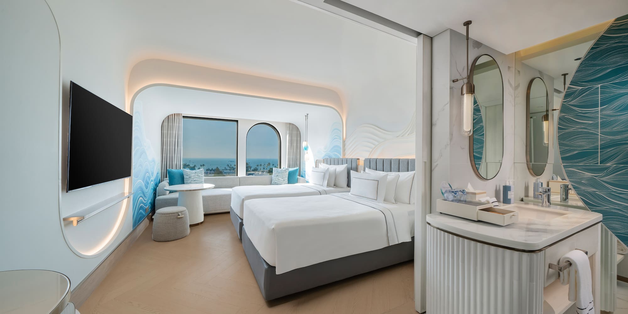 a room with a bed and a mirror