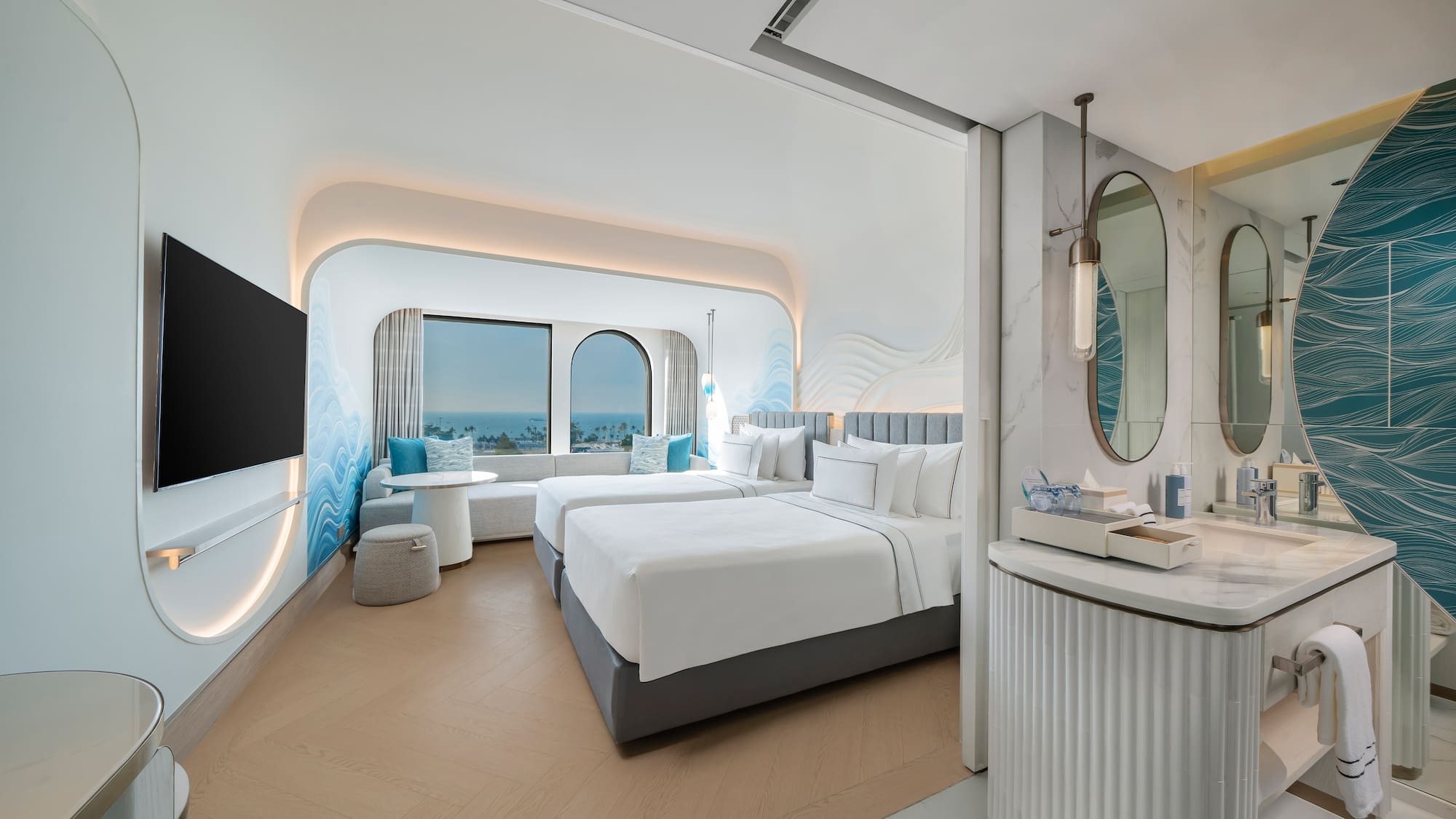 a room with a bed and a mirror