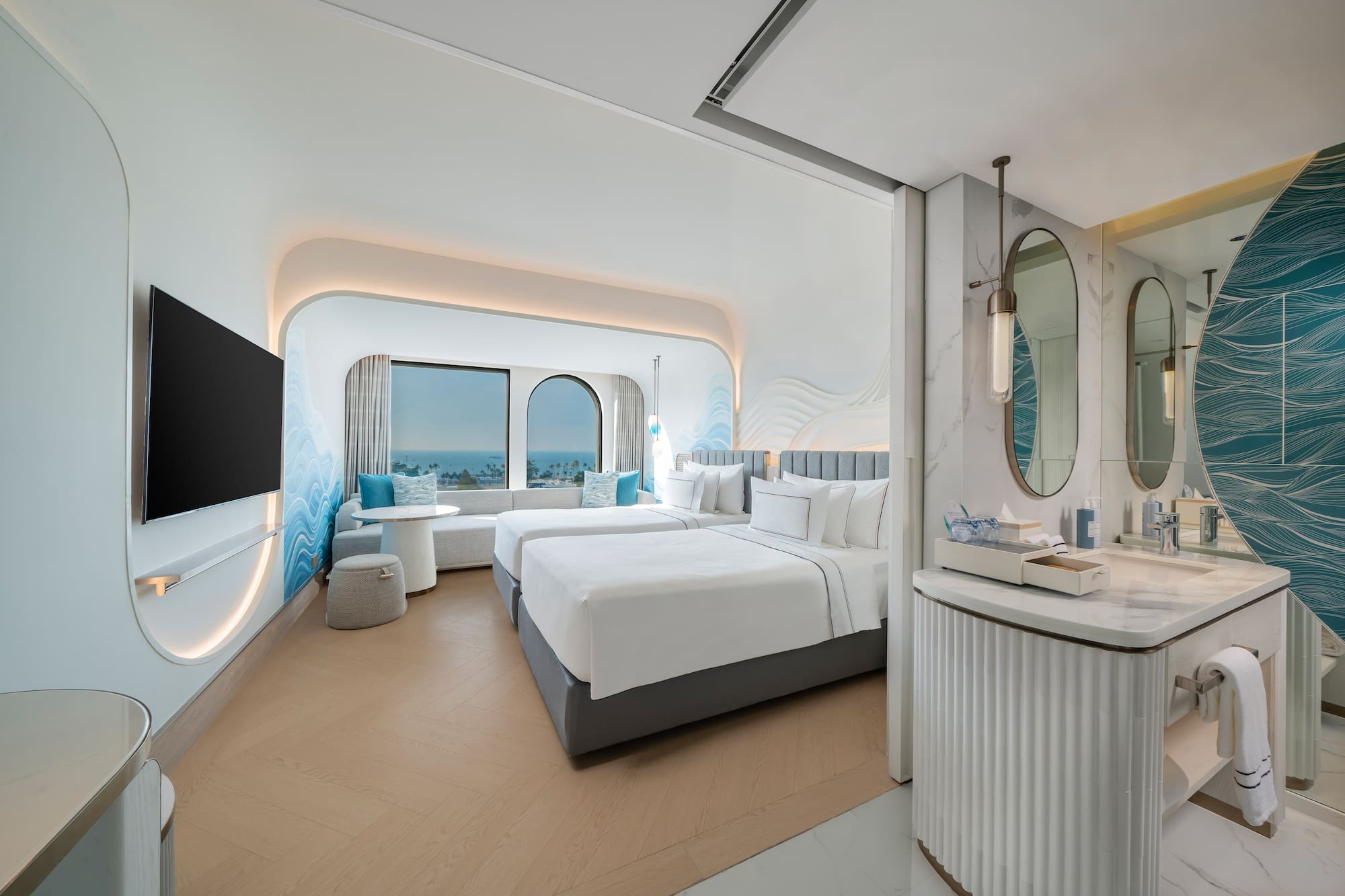 a room with a bed and a mirror