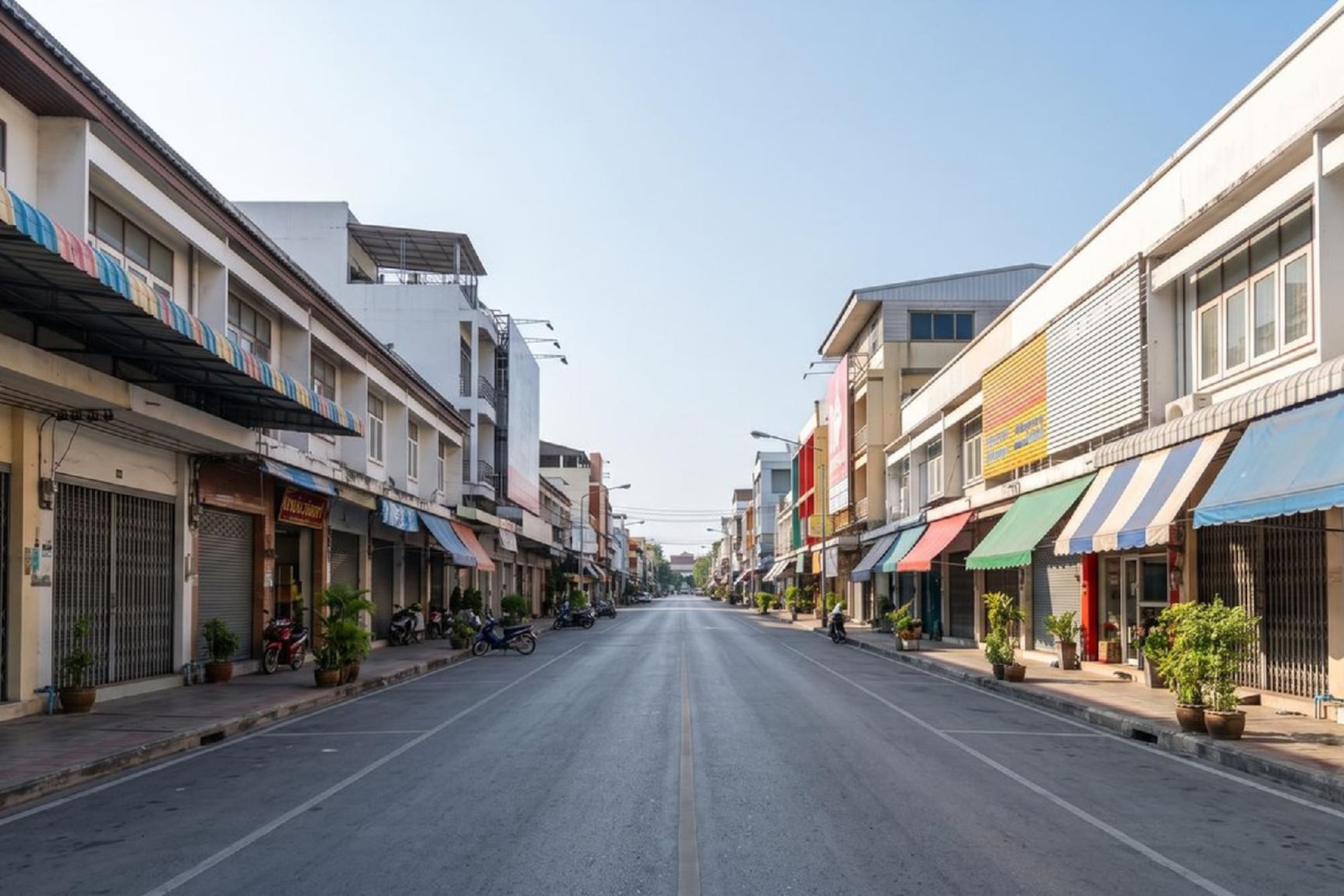 Deserted street lined with vibrant shophouses and colorful striped awnings.