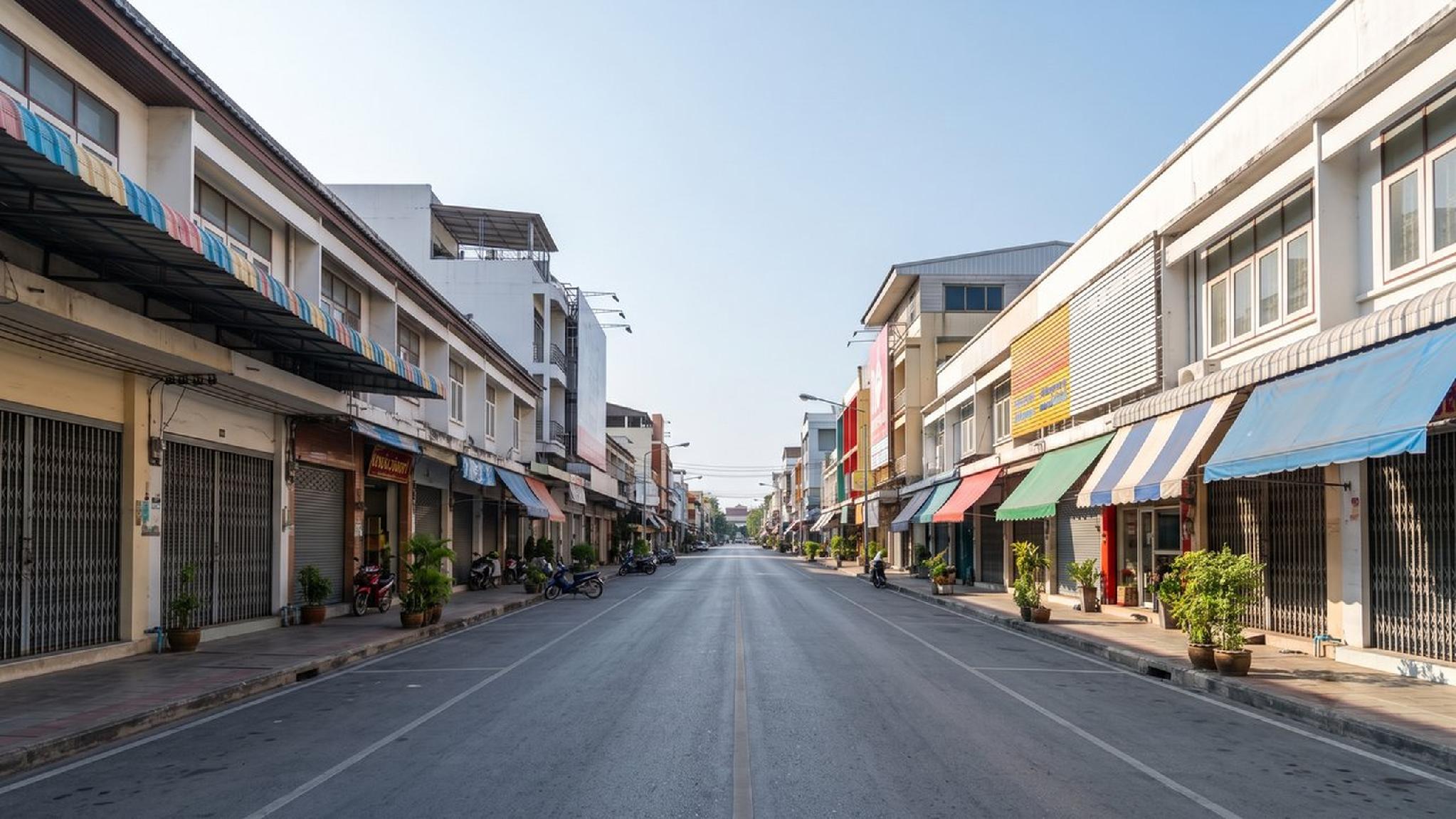 Deserted street lined with vibrant shophouses and colorful striped awnings.