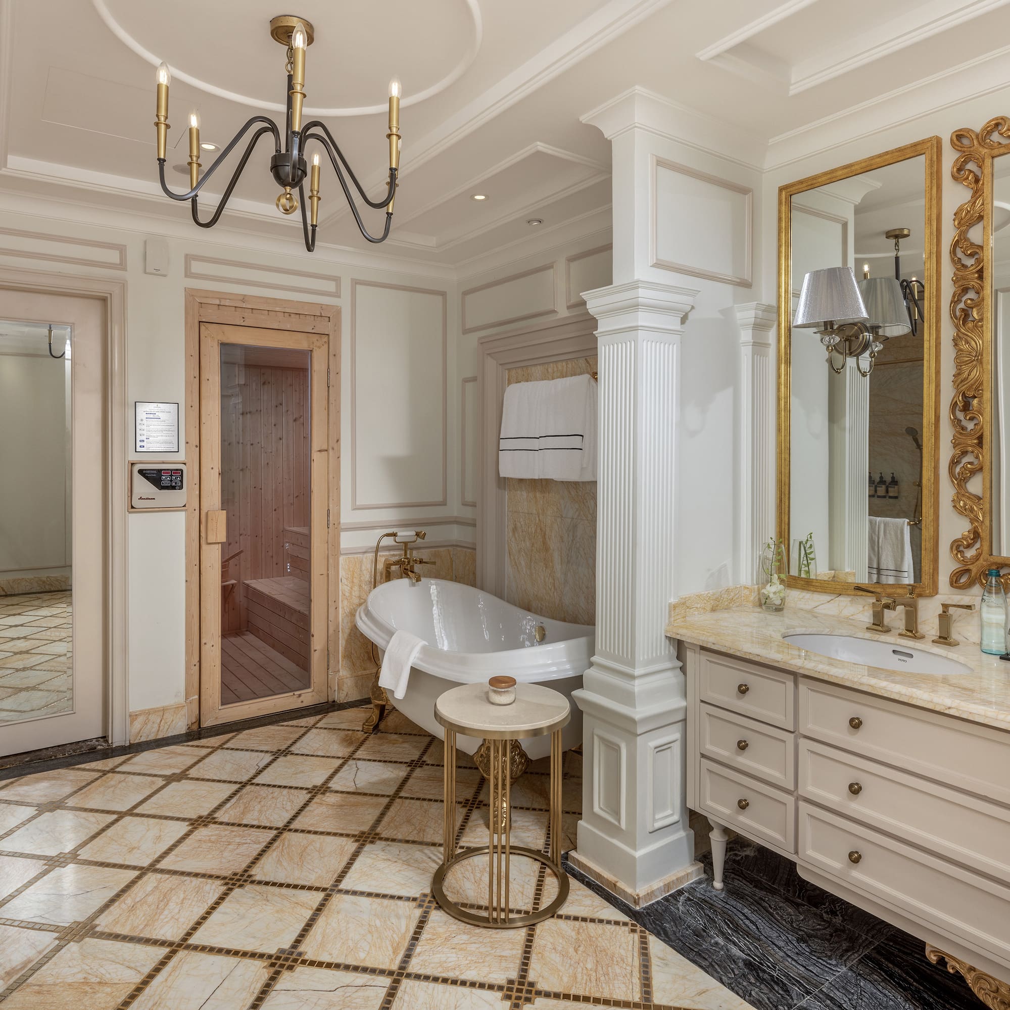 a bathroom with a tub and sink