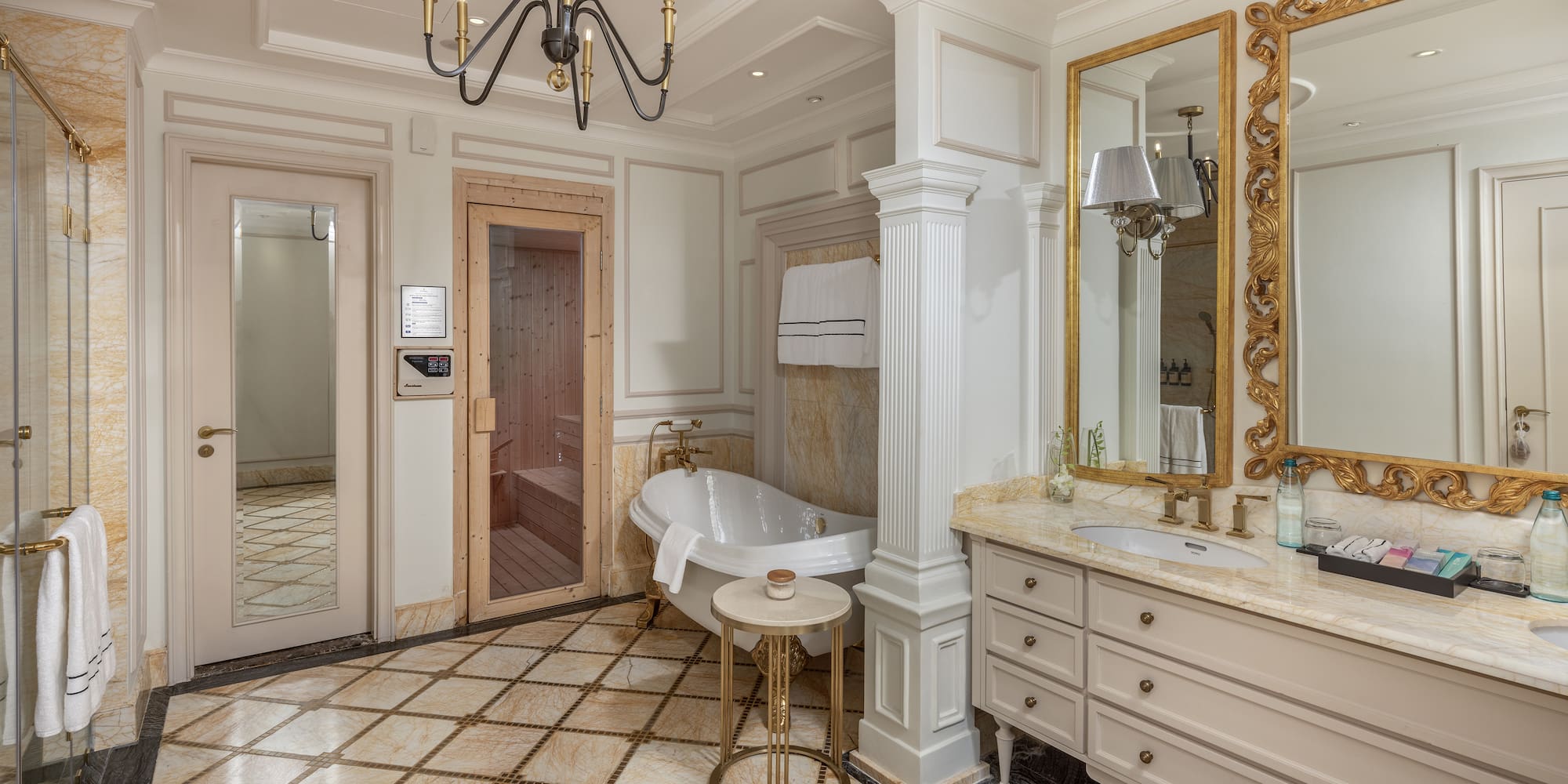 a bathroom with a tub and sink