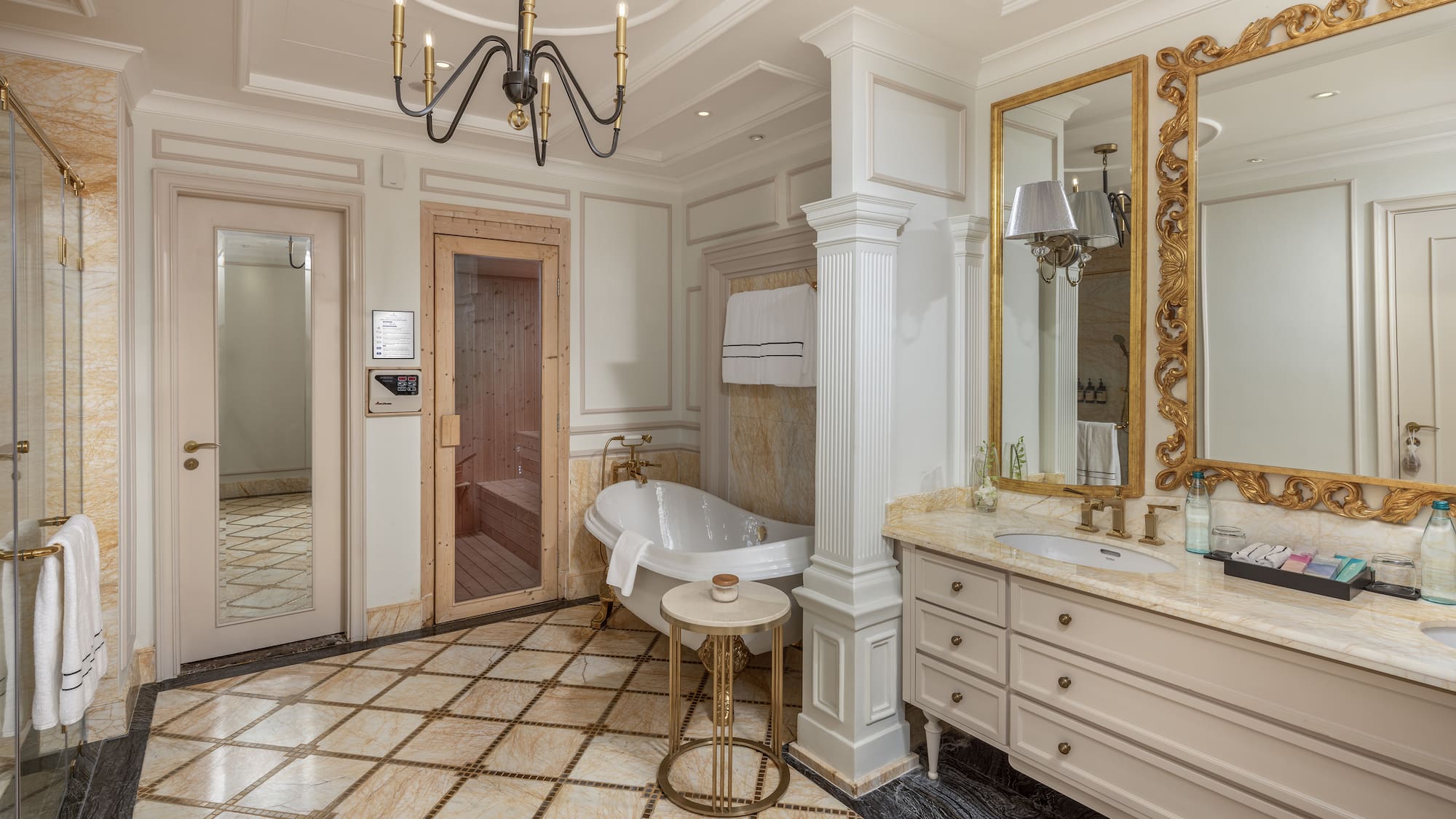 a bathroom with a tub and sink