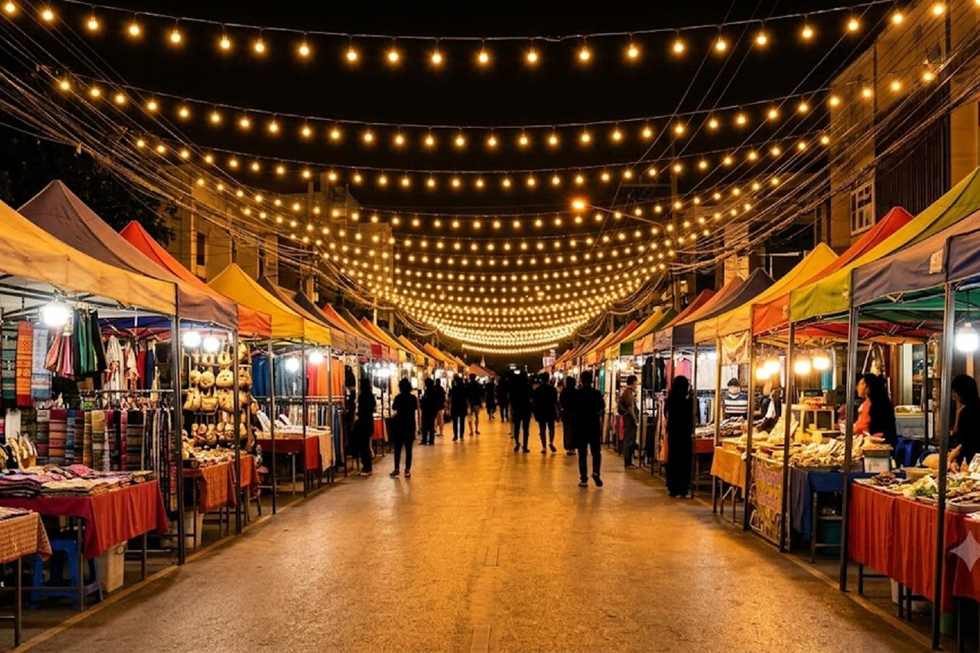 Night market street with colorful vendor stalls, string lights, and shoppers.