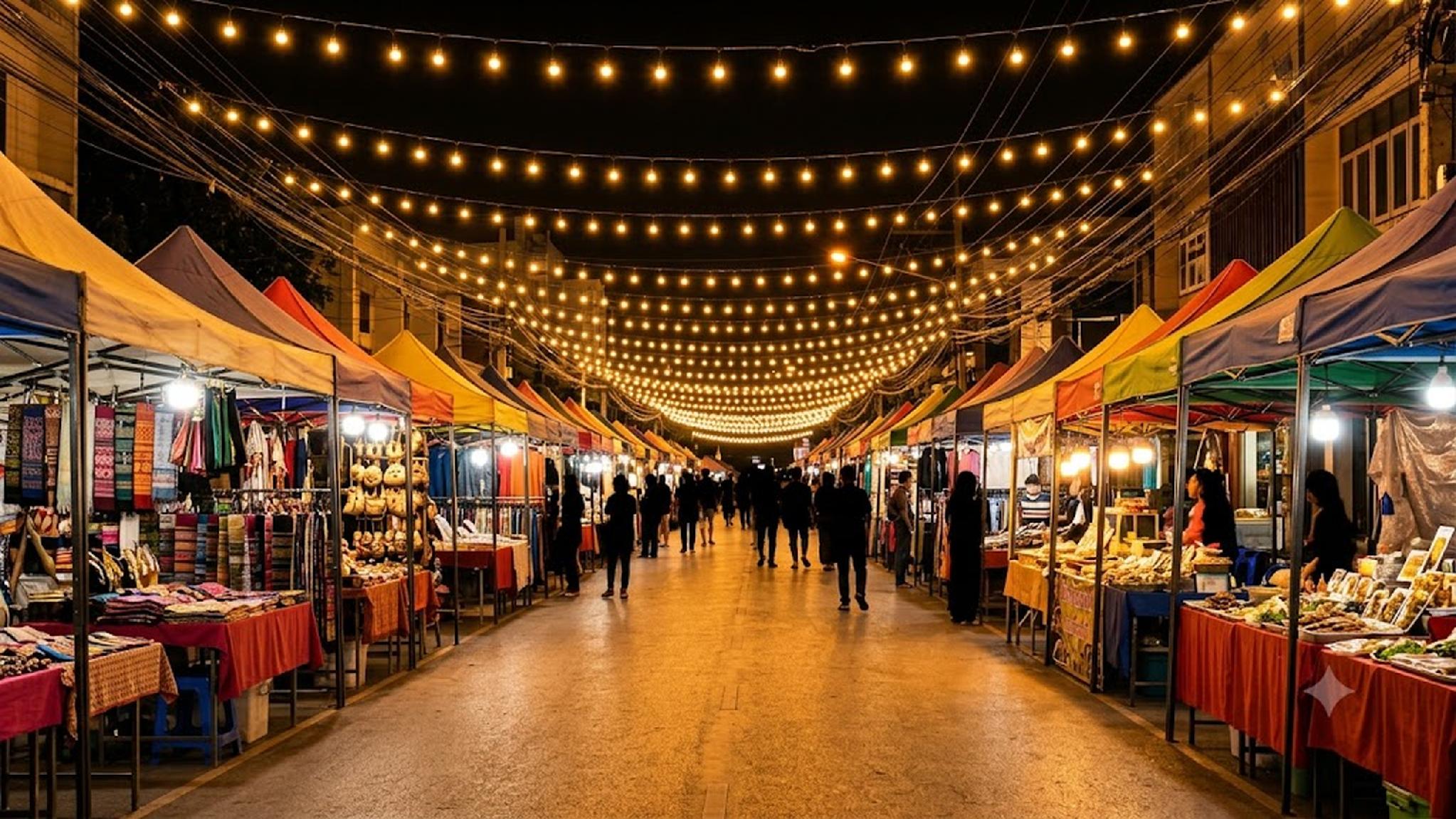 Night market street with colorful vendor stalls, string lights, and shoppers.