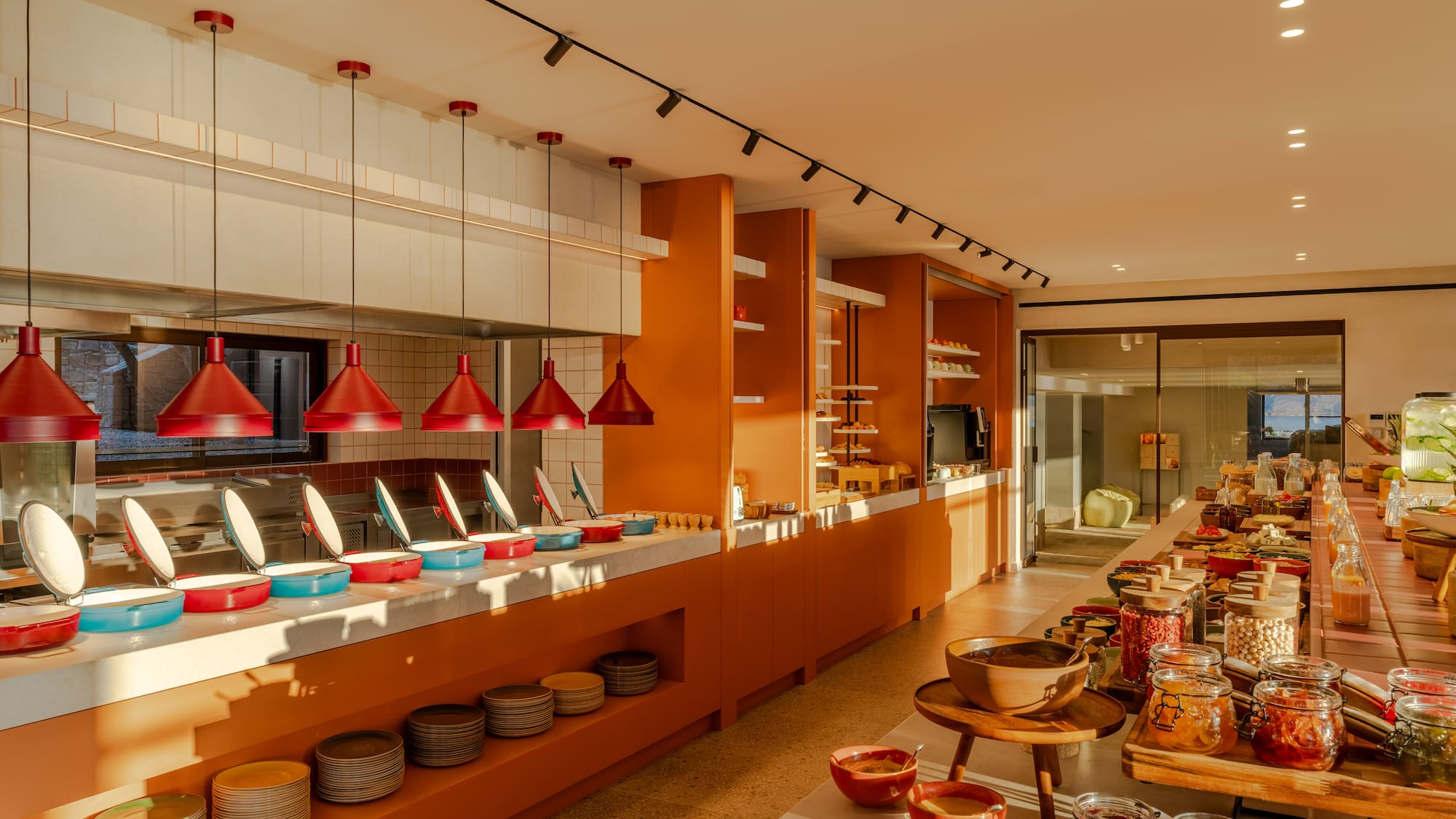 a buffet with food on the counter