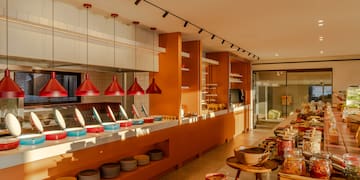 a buffet with food on the counter