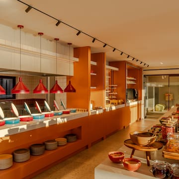 a buffet with food on the counter