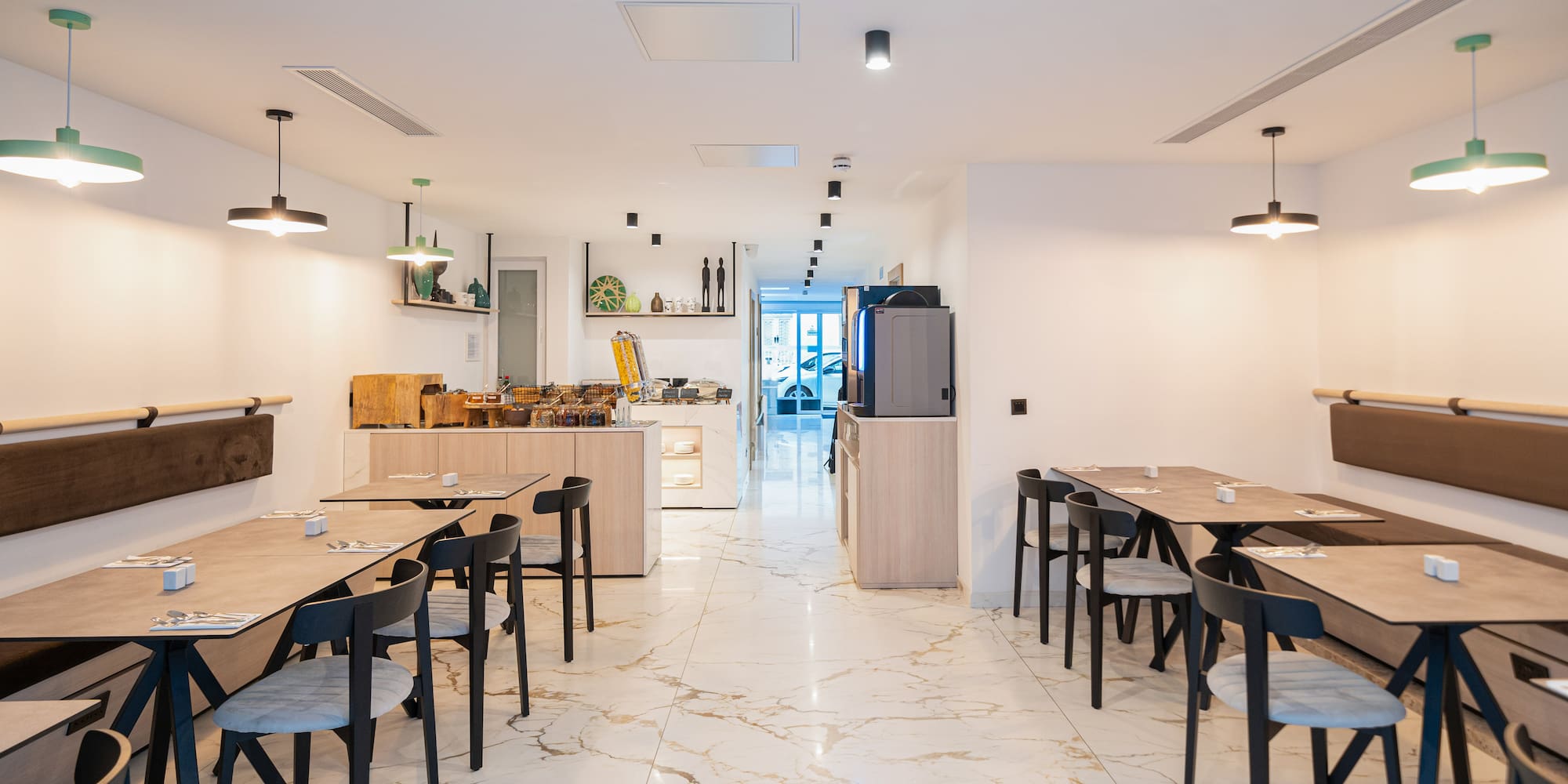 a room with tables and chairs