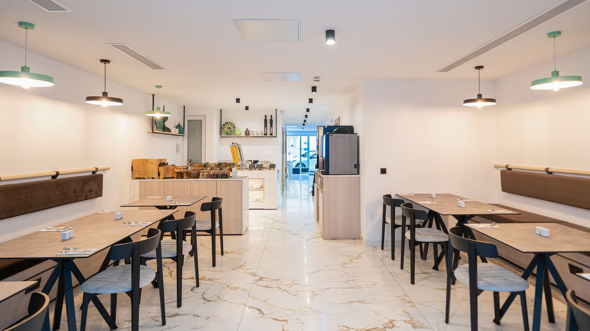 a room with tables and chairs