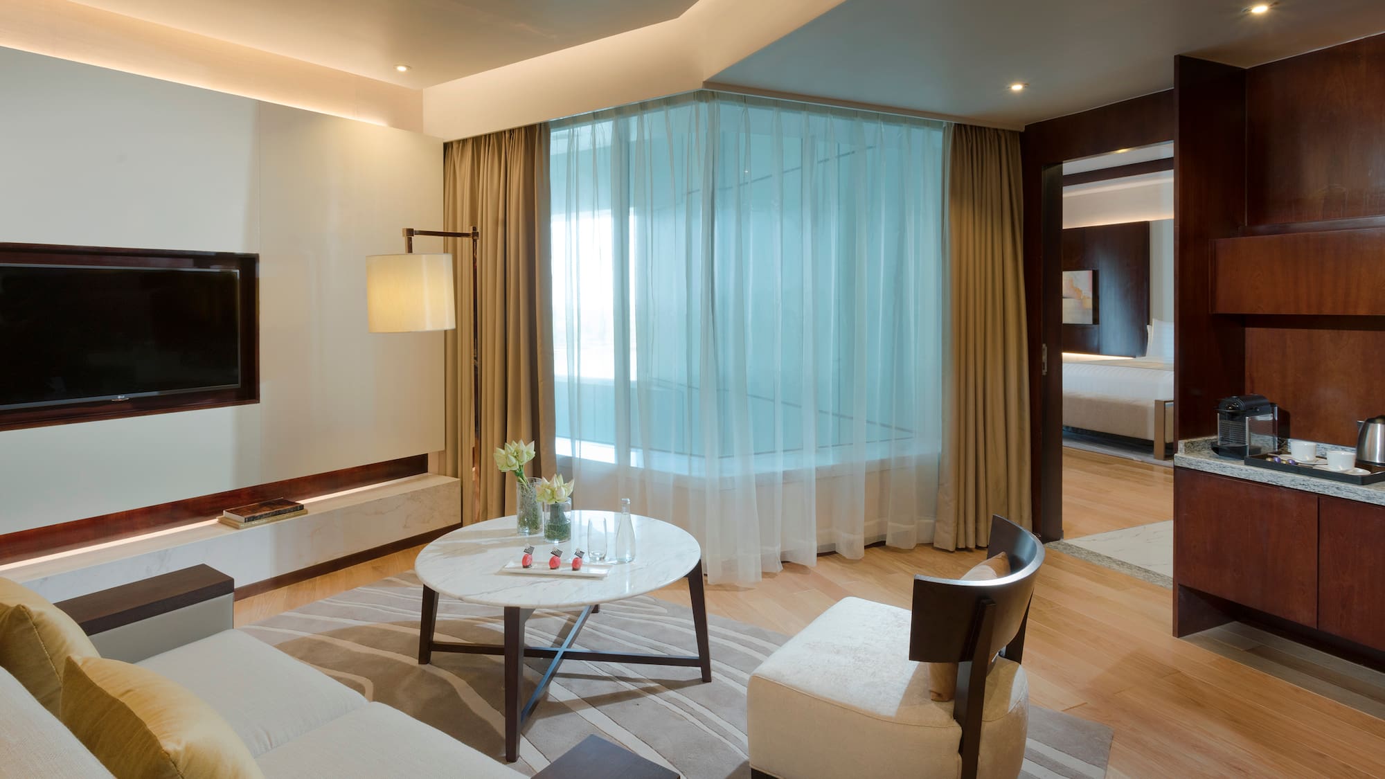 a room with a table and chairs