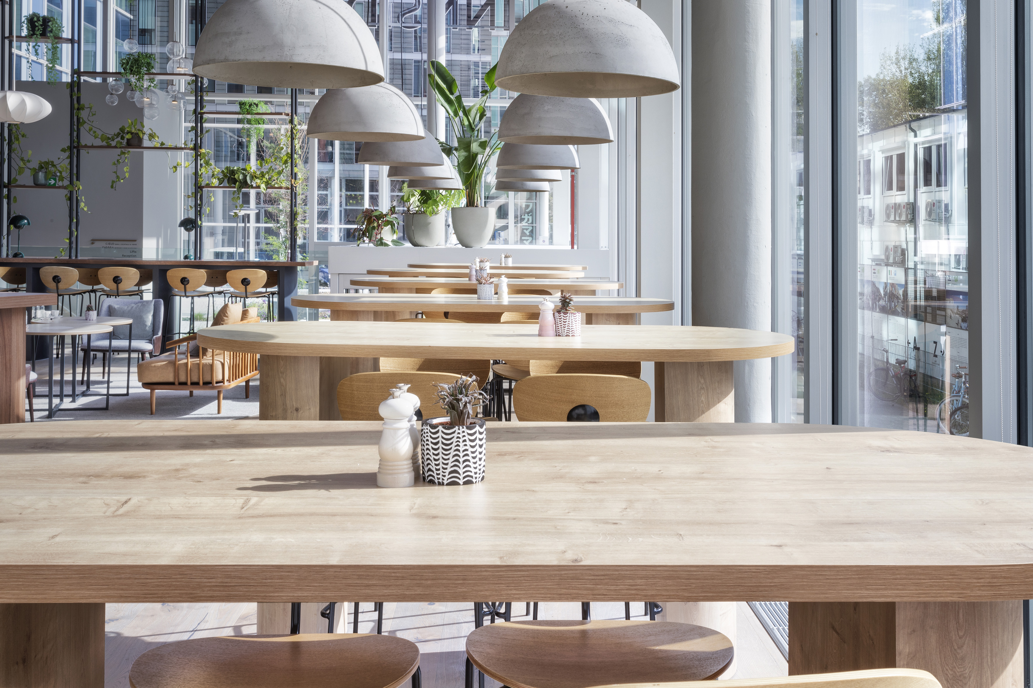 Modern cafe interior with light wood tables, concrete pendant lights, and green plants.
