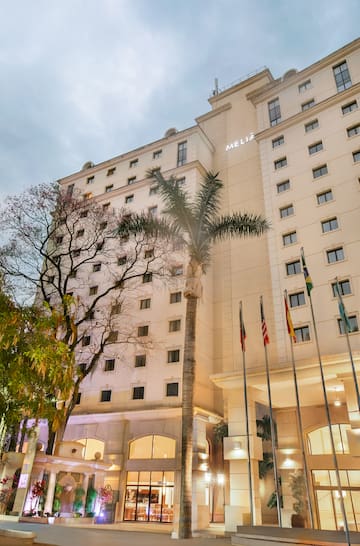 a building with flags in front of it
