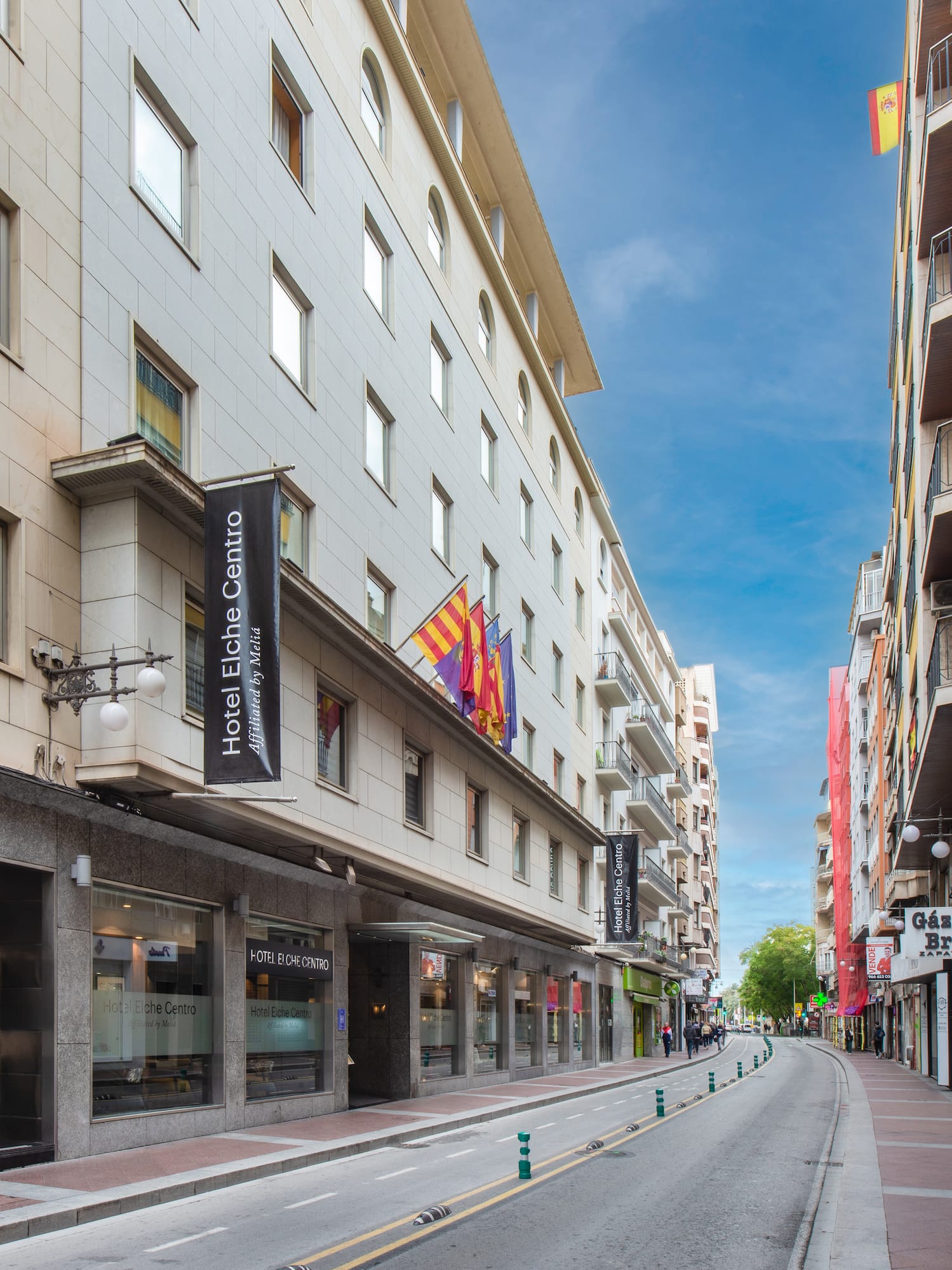 a street with buildings and signs on it