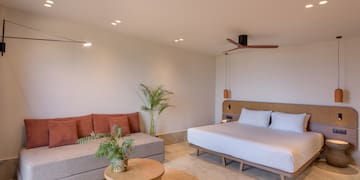 a room with a bed and couches