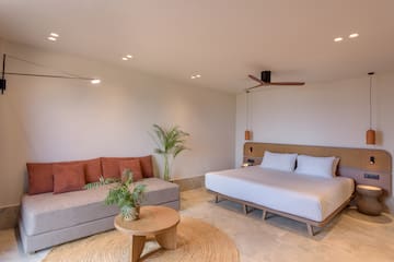 a room with a bed and couches