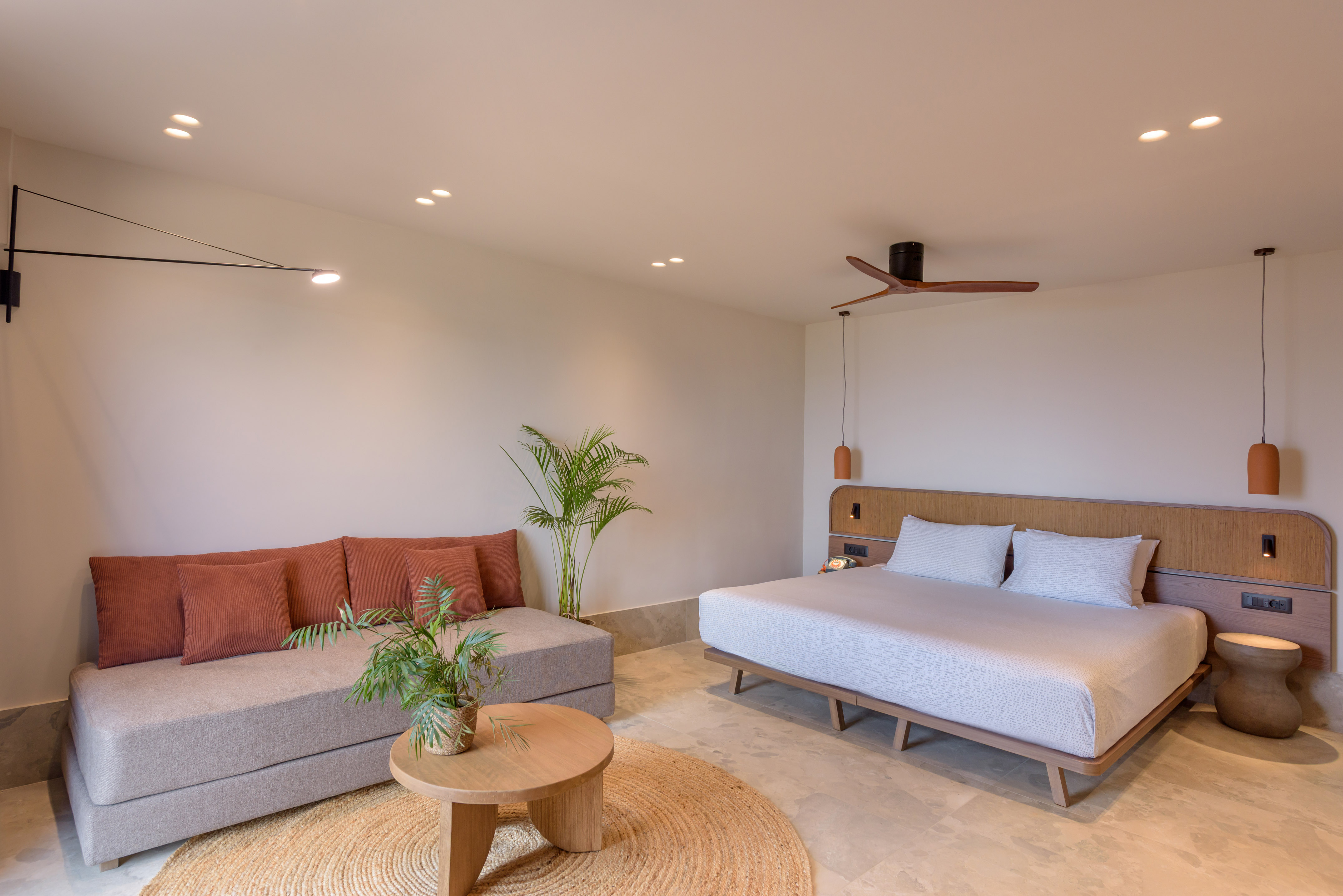 a room with a bed and couches