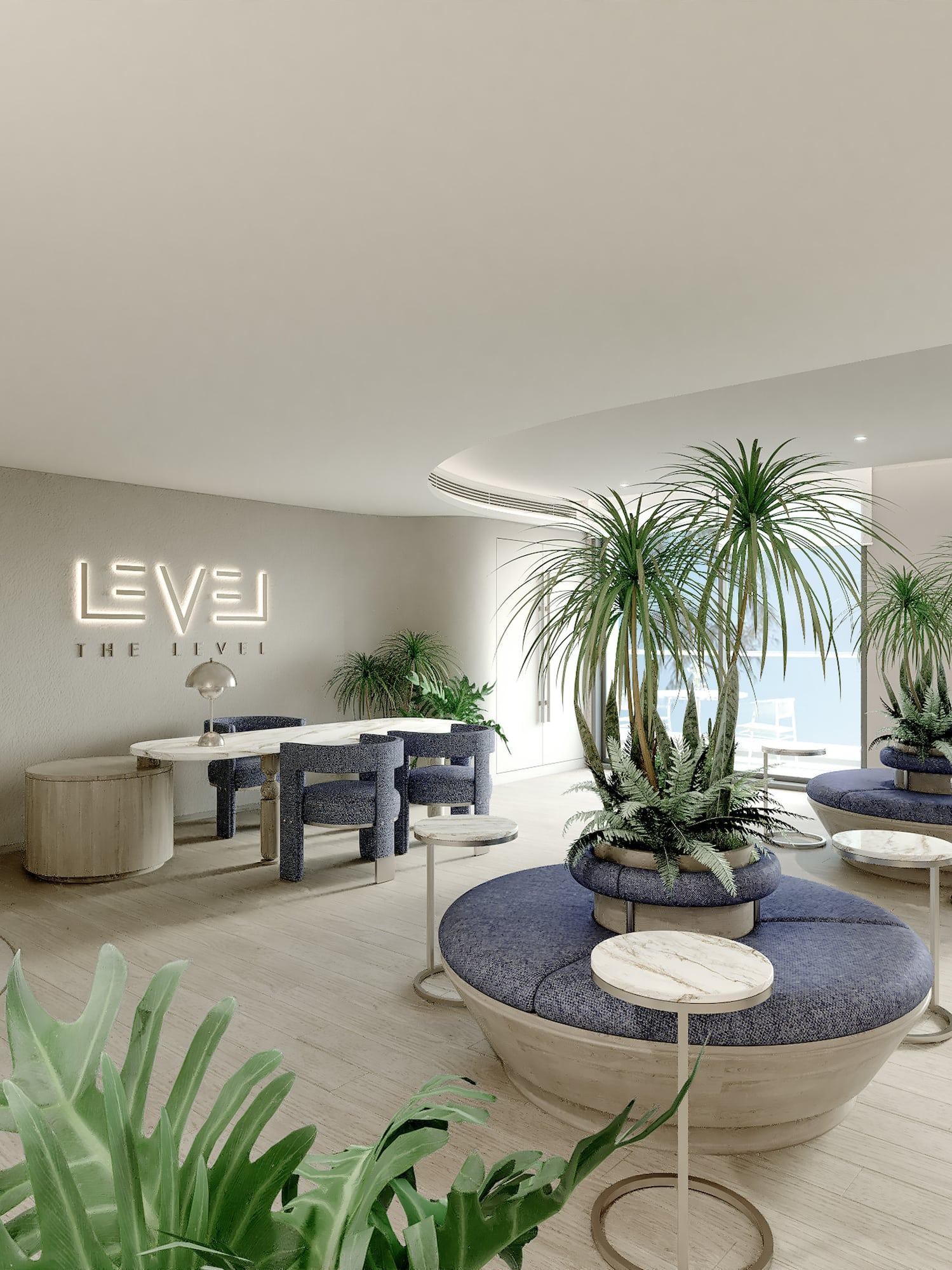 a room with tables and plants