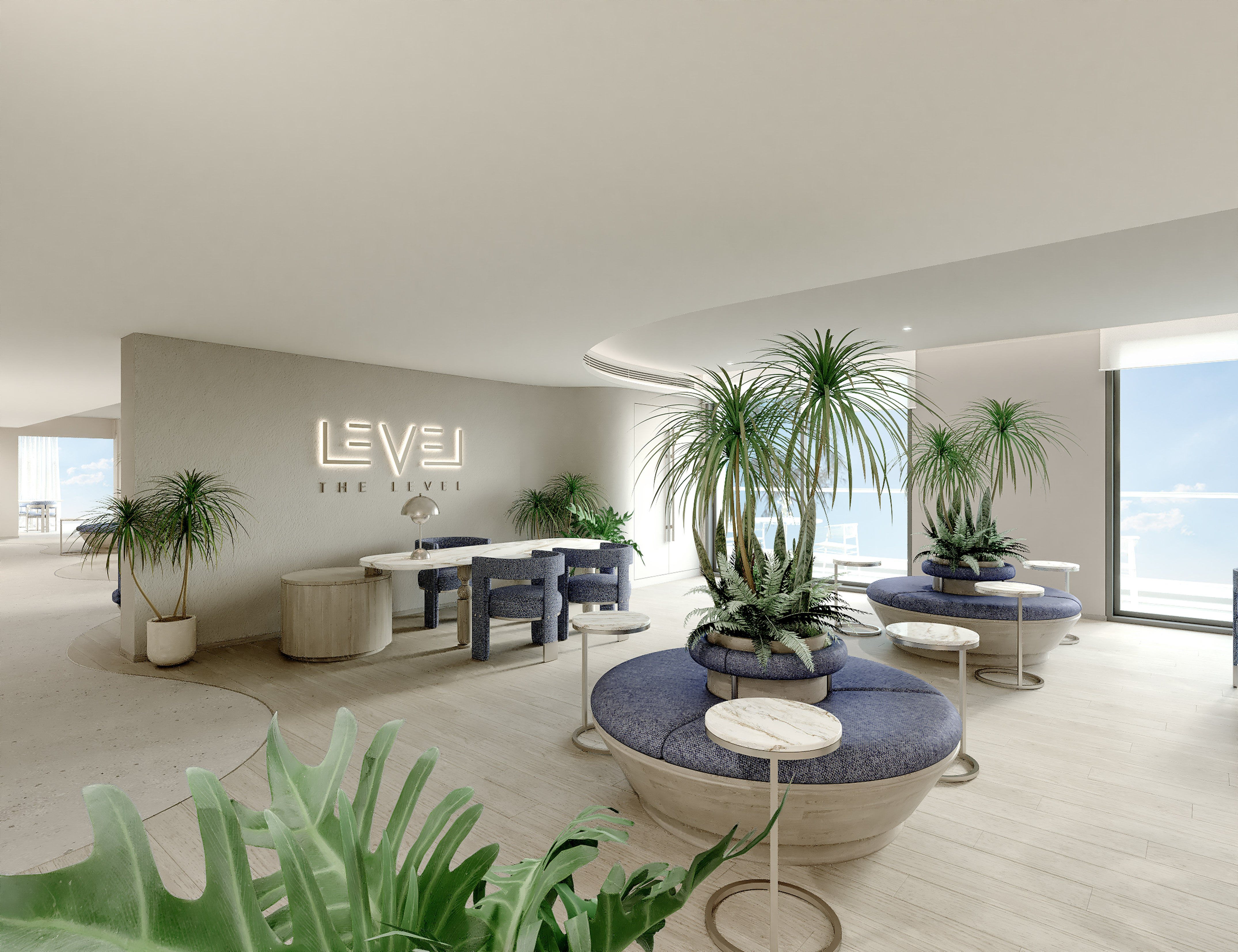 Modern lounge with LEVEL sign, blue seating, indoor plants, and scenic window views.