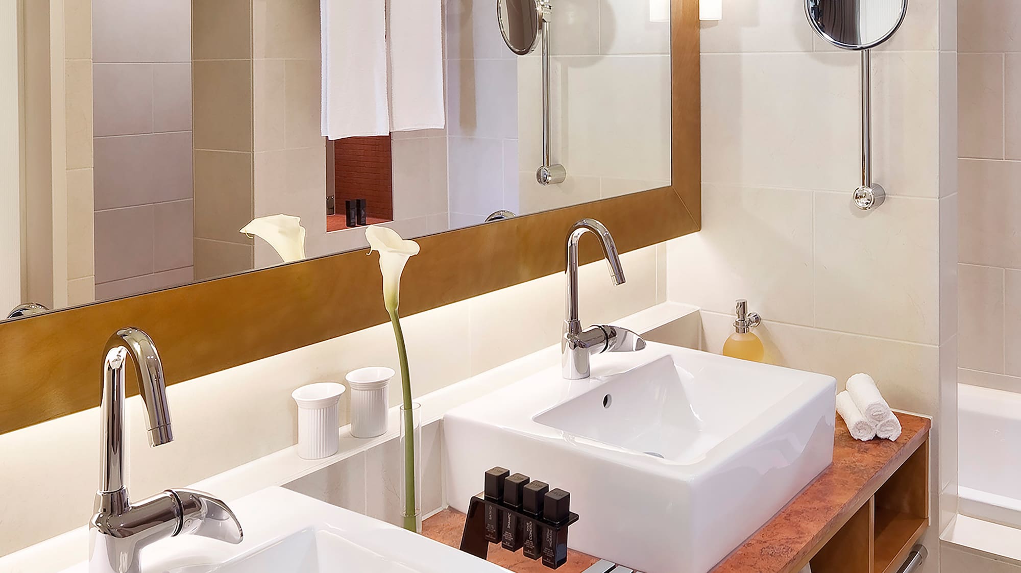 a bathroom with two sinks and a mirror