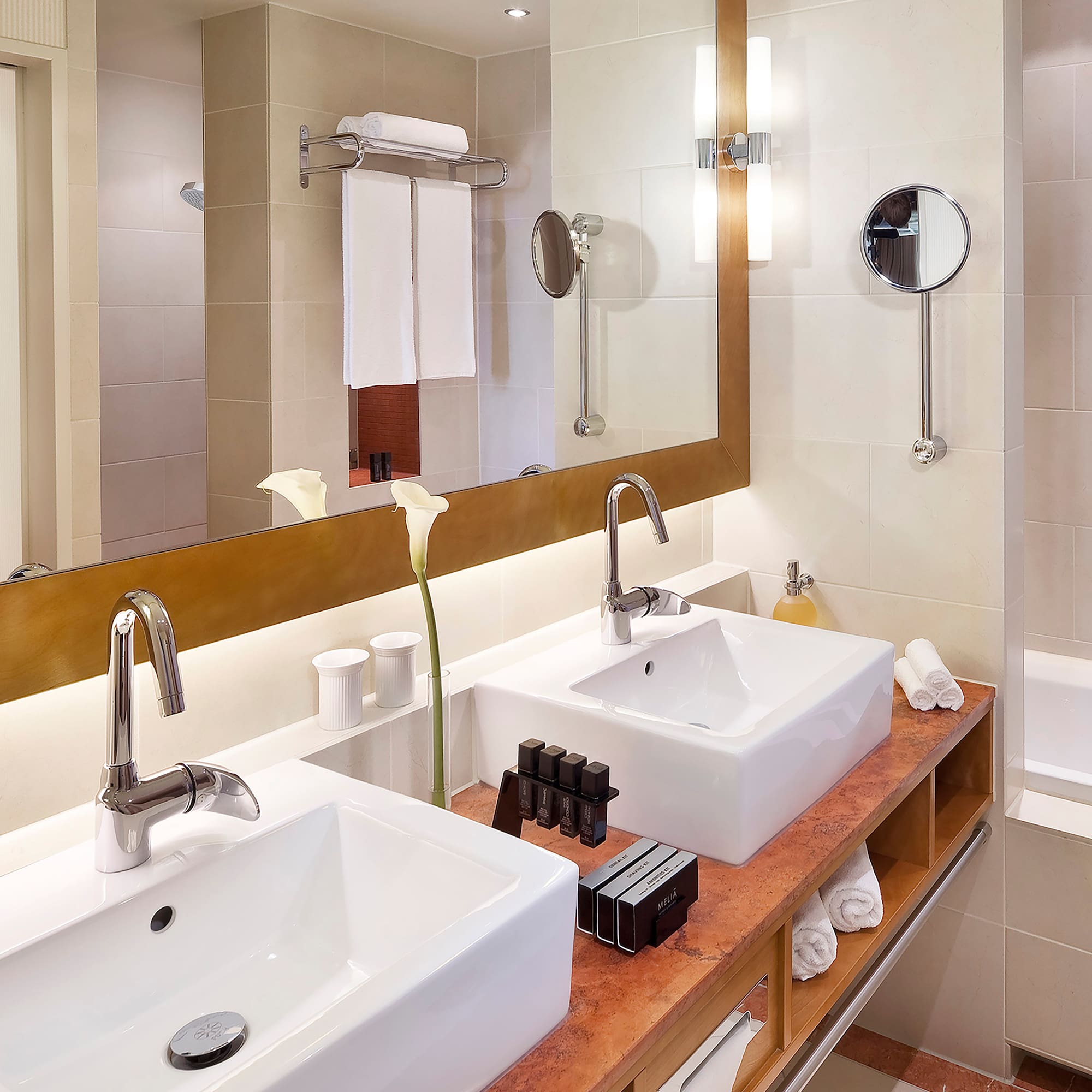 a bathroom with two sinks and a mirror