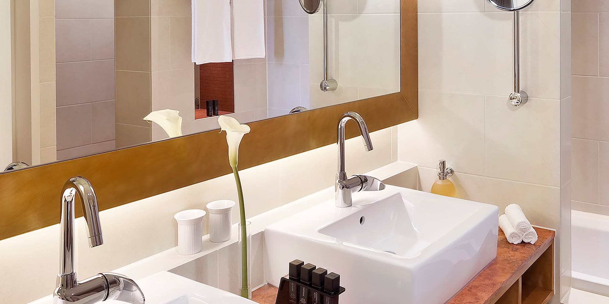 a bathroom with two sinks and a mirror