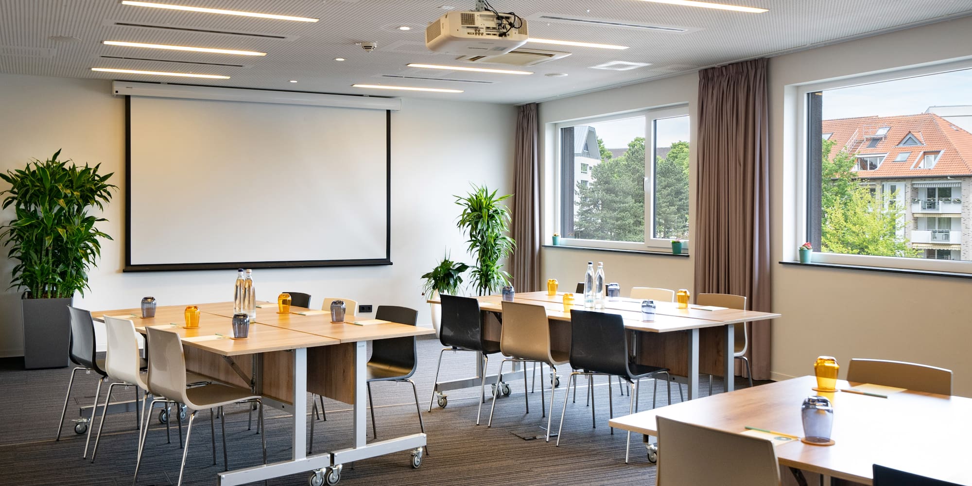 a room with tables and chairs