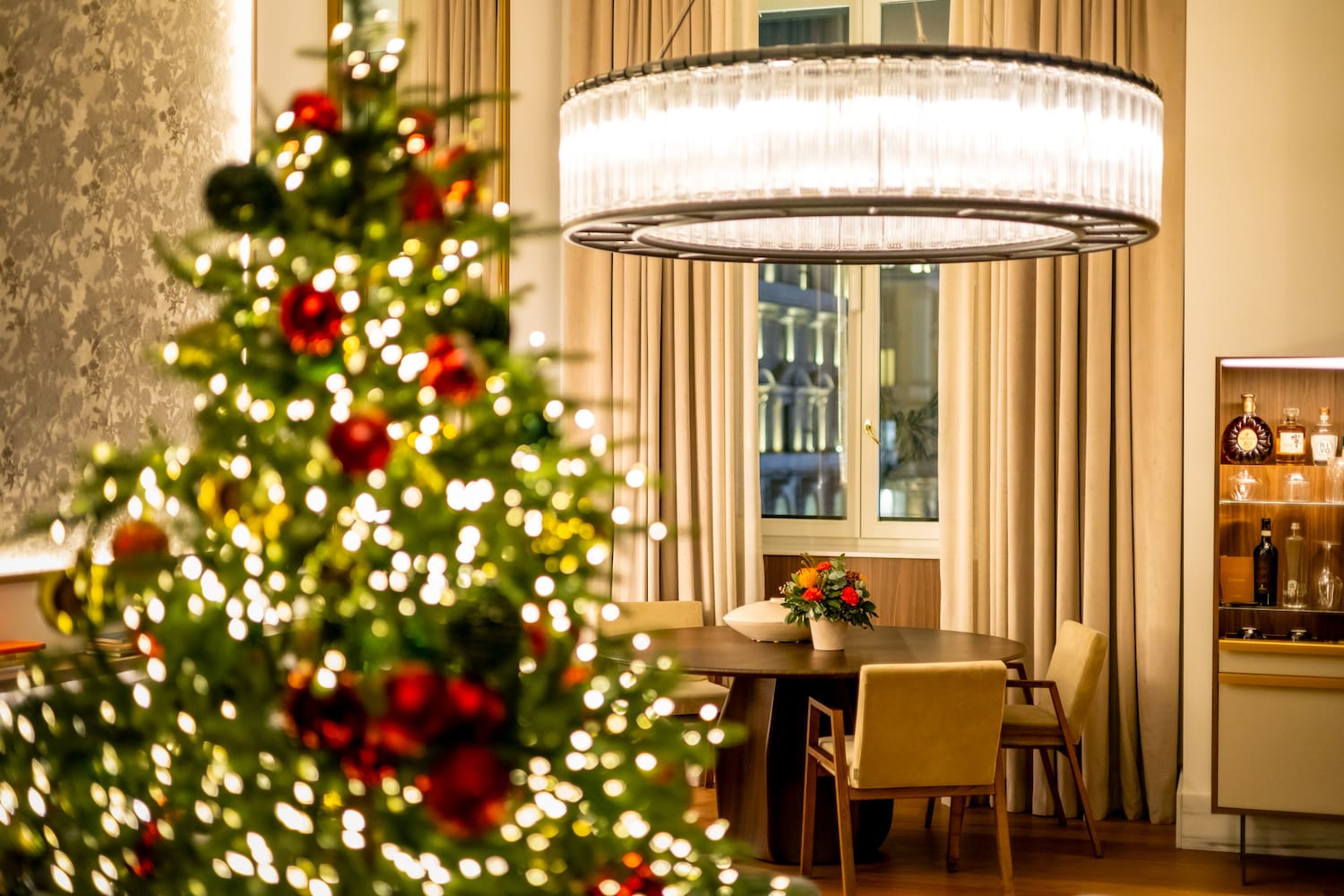 a christmas tree in a room