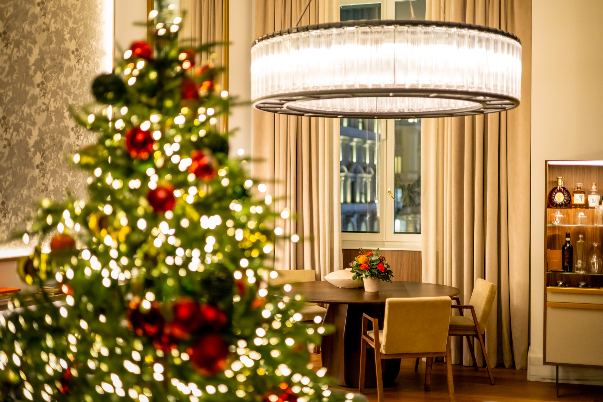 a christmas tree in a room