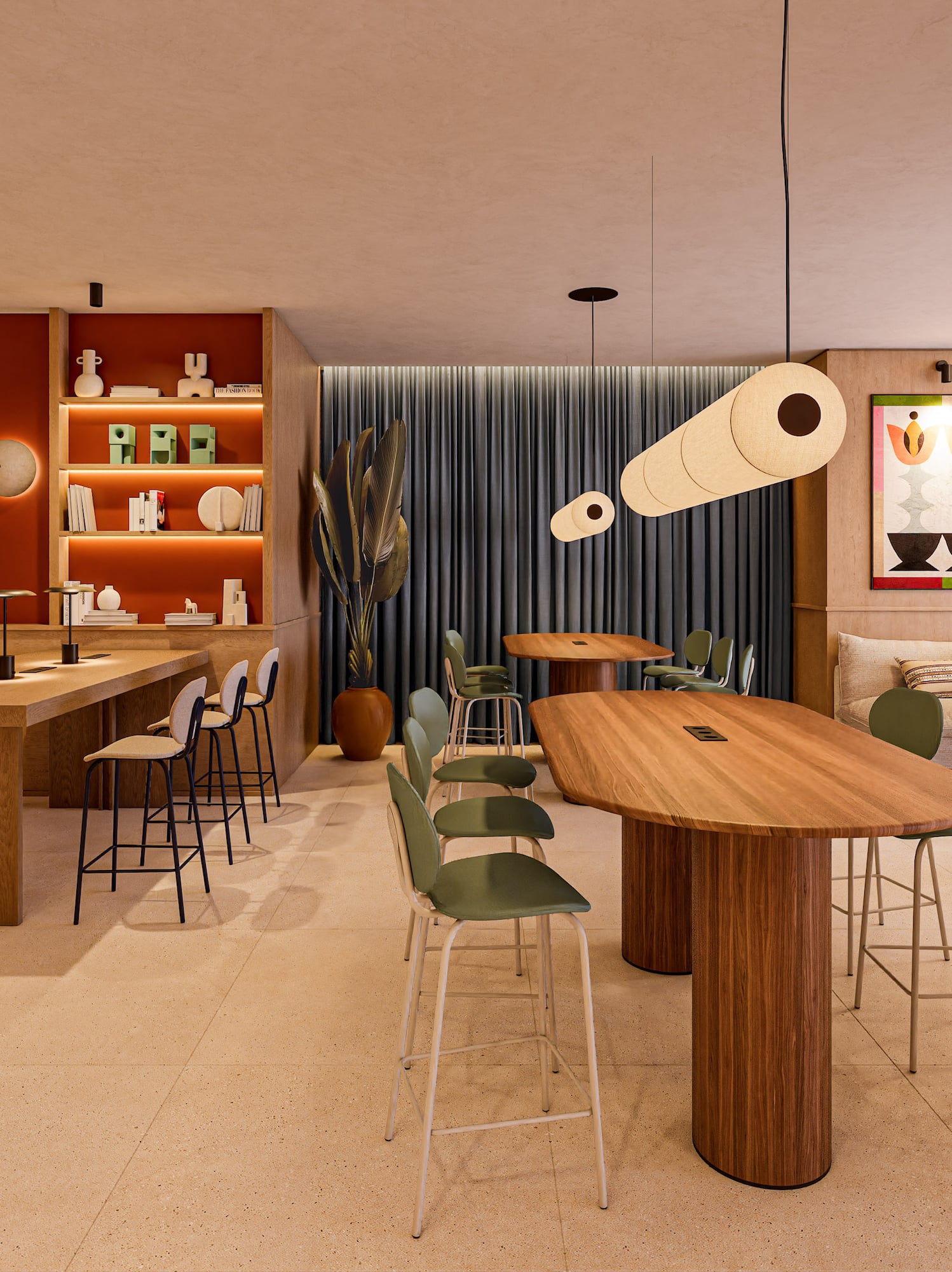 Modern communal lounge with high tables, bar stools, bookshelves, and abstract art.